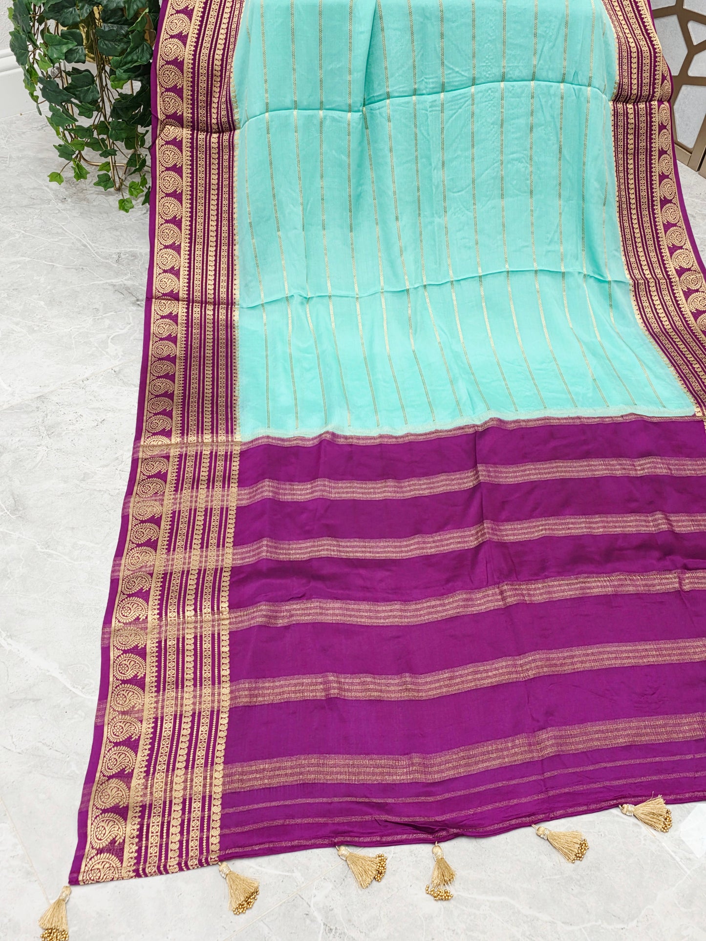 Aqua Mint & Plum Purple Pure Mysore Crepe Silk Saree, 140 GSM, with Gold Paisley Borders & Stitched Maggam Blouse — Size 38, Extendable to 44