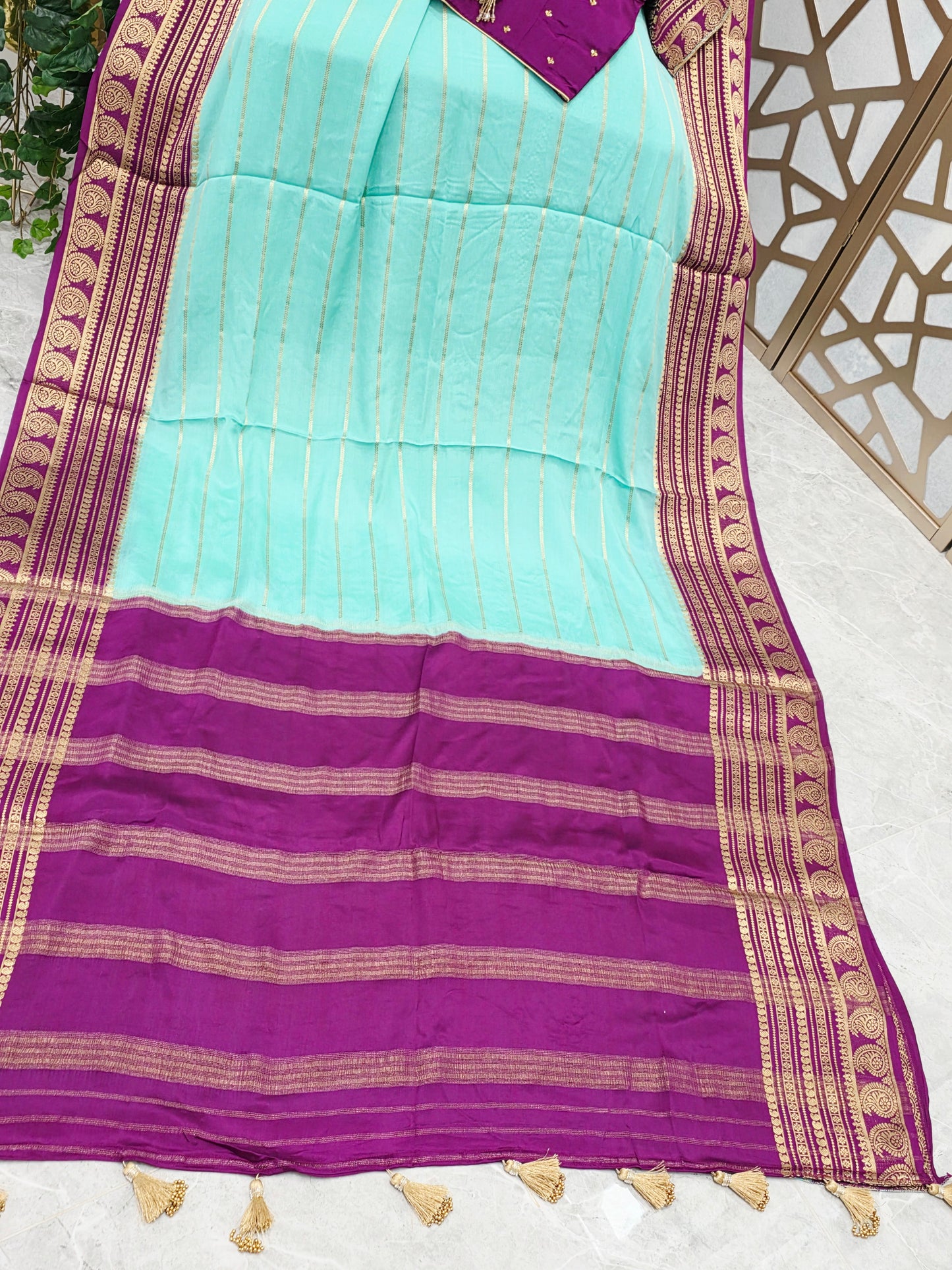 Aqua Mint & Plum Purple Pure Mysore Crepe Silk Saree, 140 GSM, with Gold Paisley Borders & Stitched Maggam Blouse — Size 38, Extendable to 44