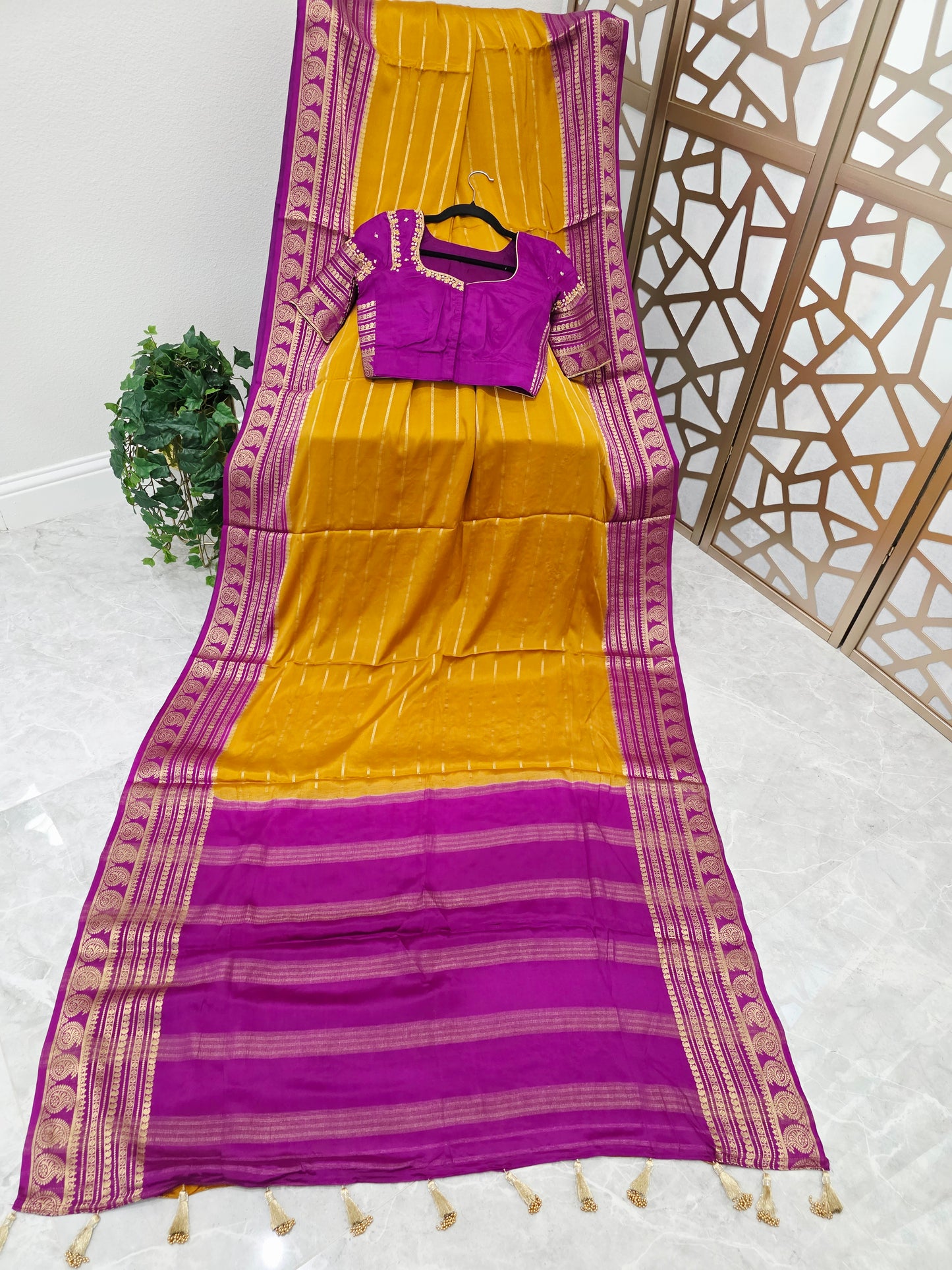 Mustard Yellow & Orchid Purple Pure Mysore Crepe Silk Saree, 140 GSM, with Gold Paisley Borders & Stitched Maggam Blouse — Size 34, Extendable to 40