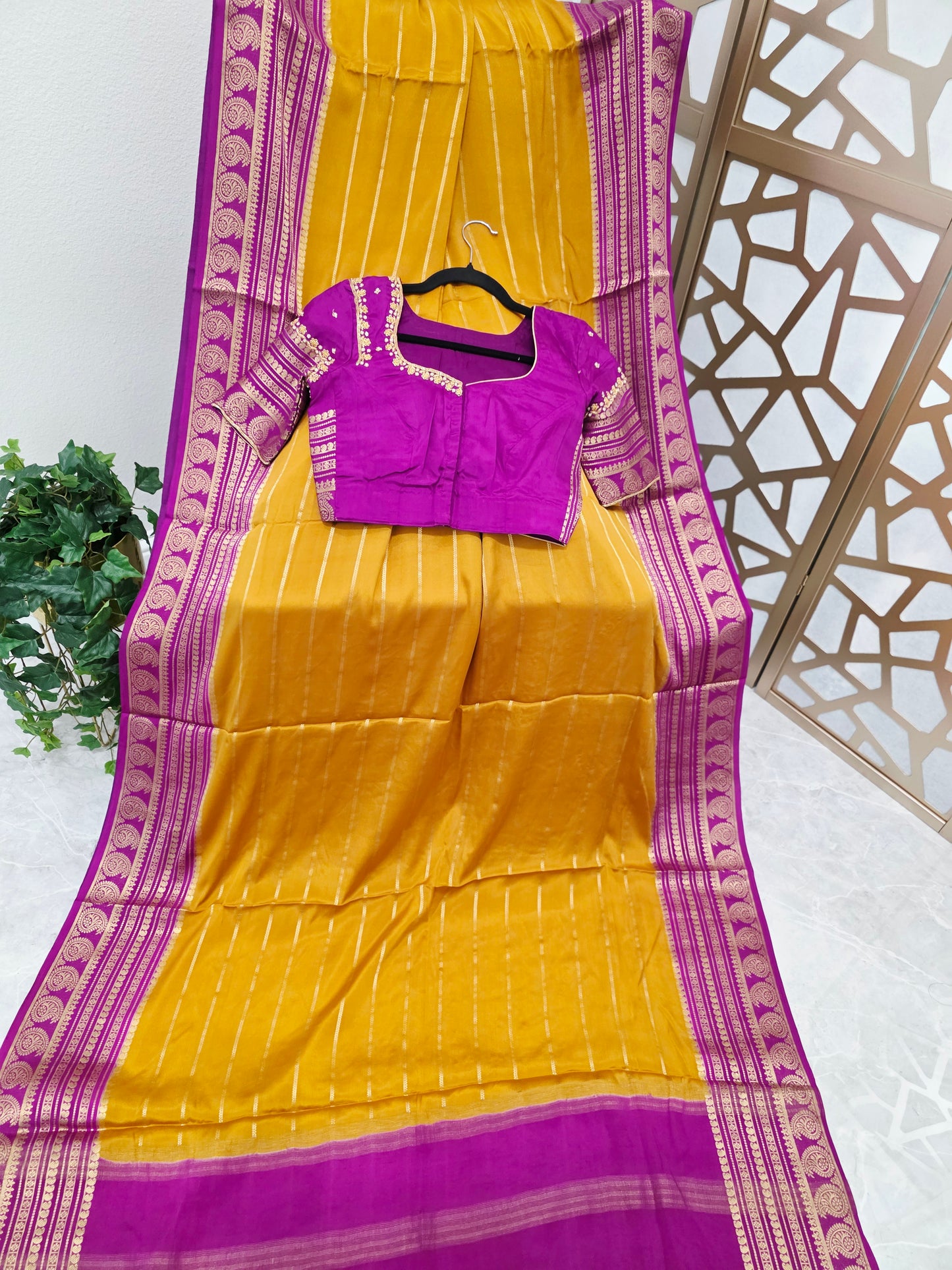 Mustard Yellow & Orchid Purple Pure Mysore Crepe Silk Saree, 140 GSM, with Gold Paisley Borders & Stitched Maggam Blouse — Size 34, Extendable to 40