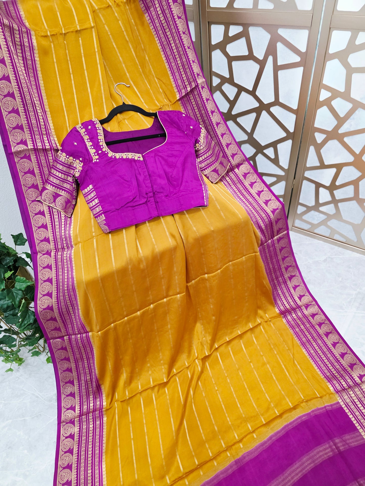 Mustard Yellow & Orchid Purple Pure Mysore Crepe Silk Saree, 140 GSM, with Gold Paisley Borders & Stitched Maggam Blouse — Size 34, Extendable to 40