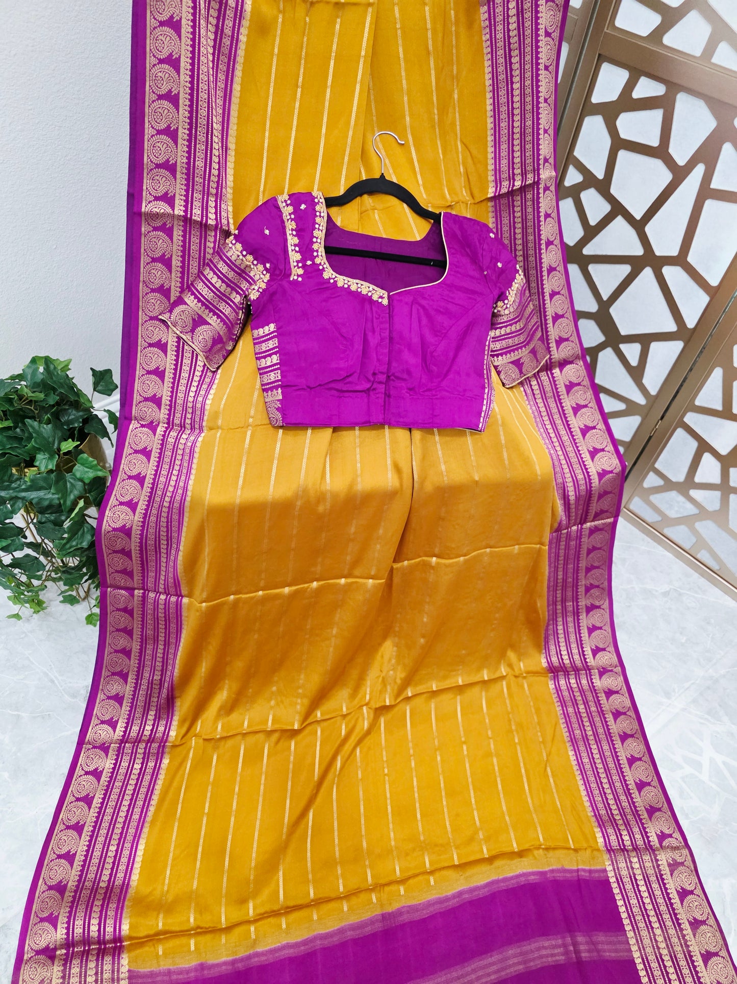 Mustard Yellow & Orchid Purple Pure Mysore Crepe Silk Saree, 140 GSM, with Gold Paisley Borders & Stitched Maggam Blouse — Size 34, Extendable to 40