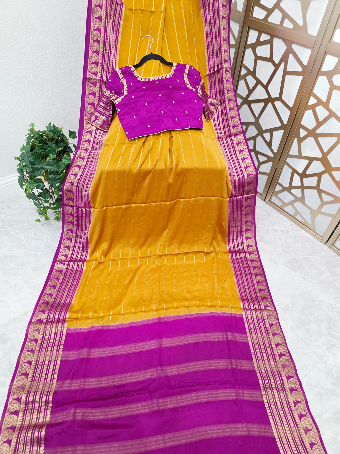 Mustard Yellow & Orchid Purple Pure Mysore Crepe Silk Saree, 140 GSM, with Gold Paisley Borders & Stitched Maggam Blouse — Size 34, Extendable to 40