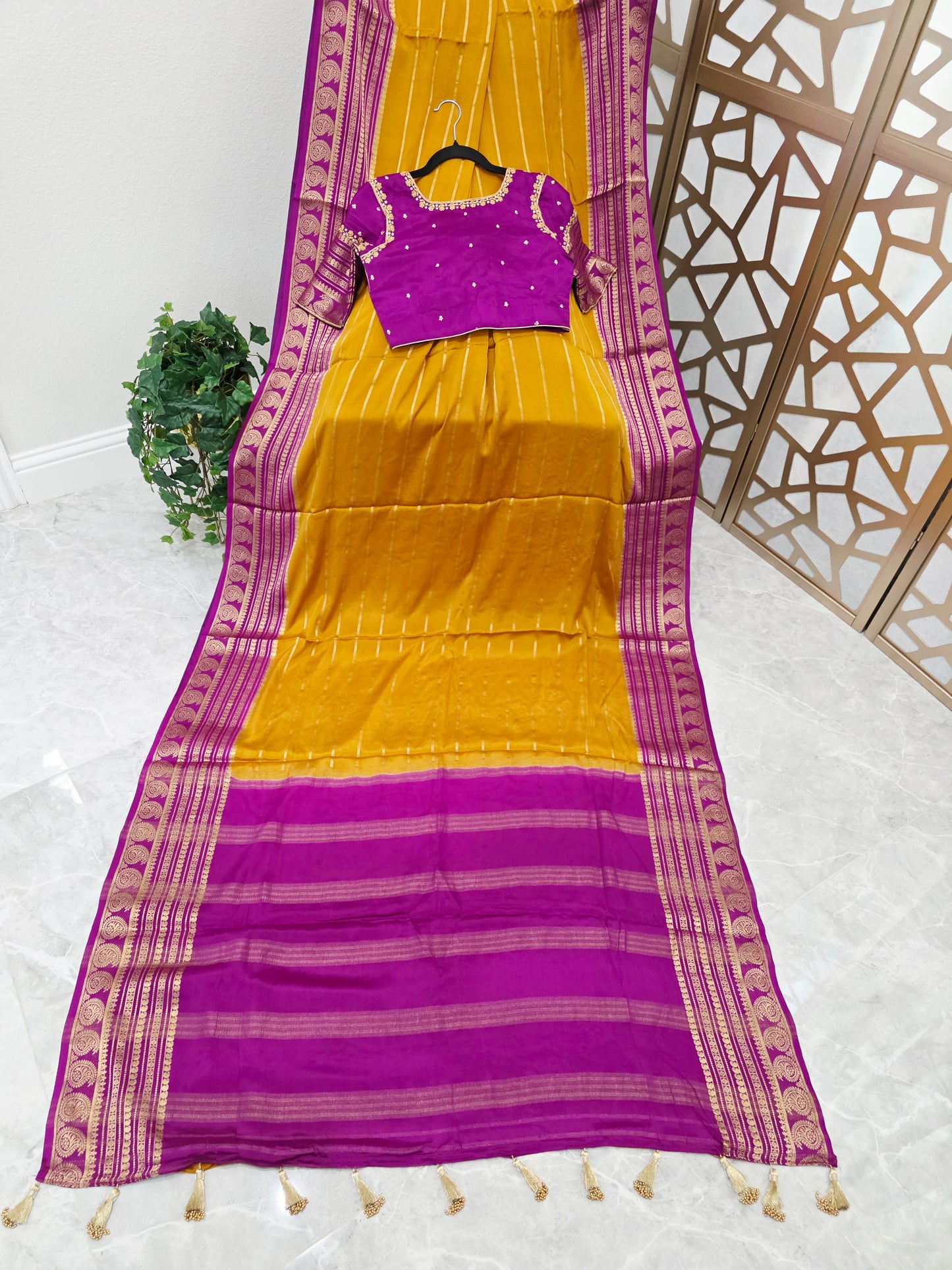 Mustard Yellow & Orchid Purple Pure Mysore Crepe Silk Saree, 140 GSM, with Gold Paisley Borders & Stitched Maggam Blouse — Size 34, Extendable to 40