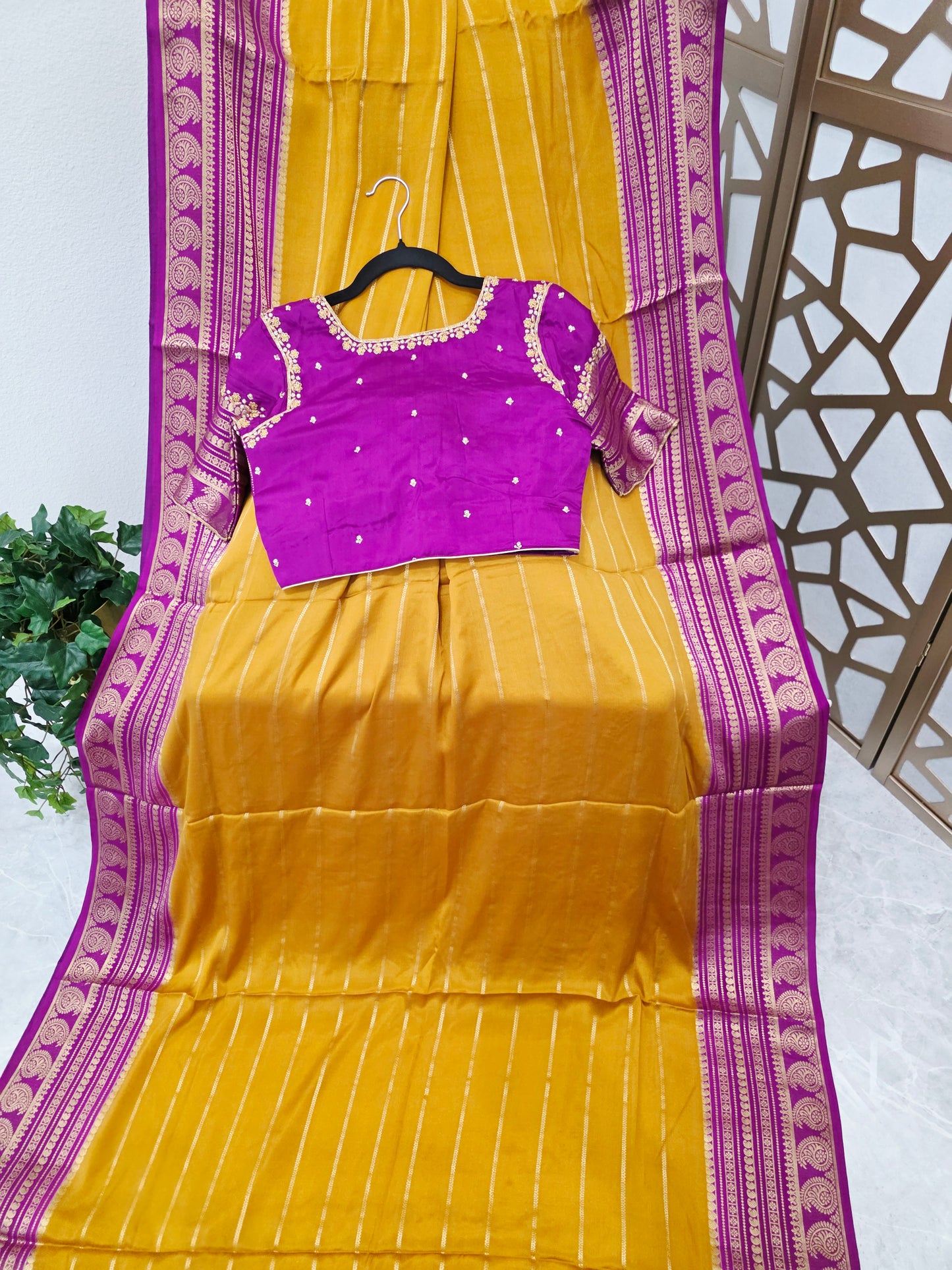 Mustard Yellow & Orchid Purple Pure Mysore Crepe Silk Saree, 140 GSM, with Gold Paisley Borders & Stitched Maggam Blouse — Size 34, Extendable to 40