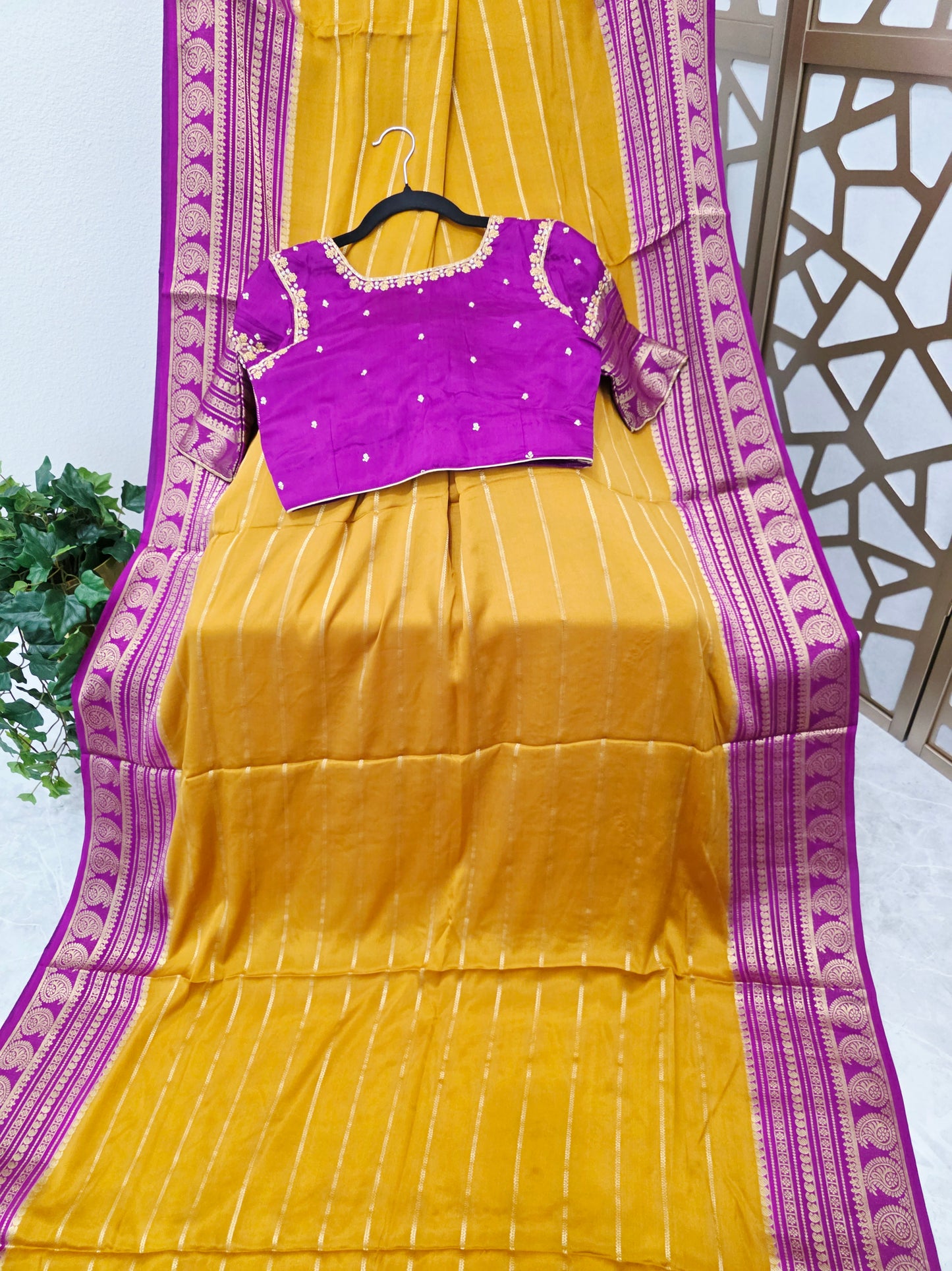 Mustard Yellow & Orchid Purple Pure Mysore Crepe Silk Saree, 140 GSM, with Gold Paisley Borders & Stitched Maggam Blouse — Size 34, Extendable to 40