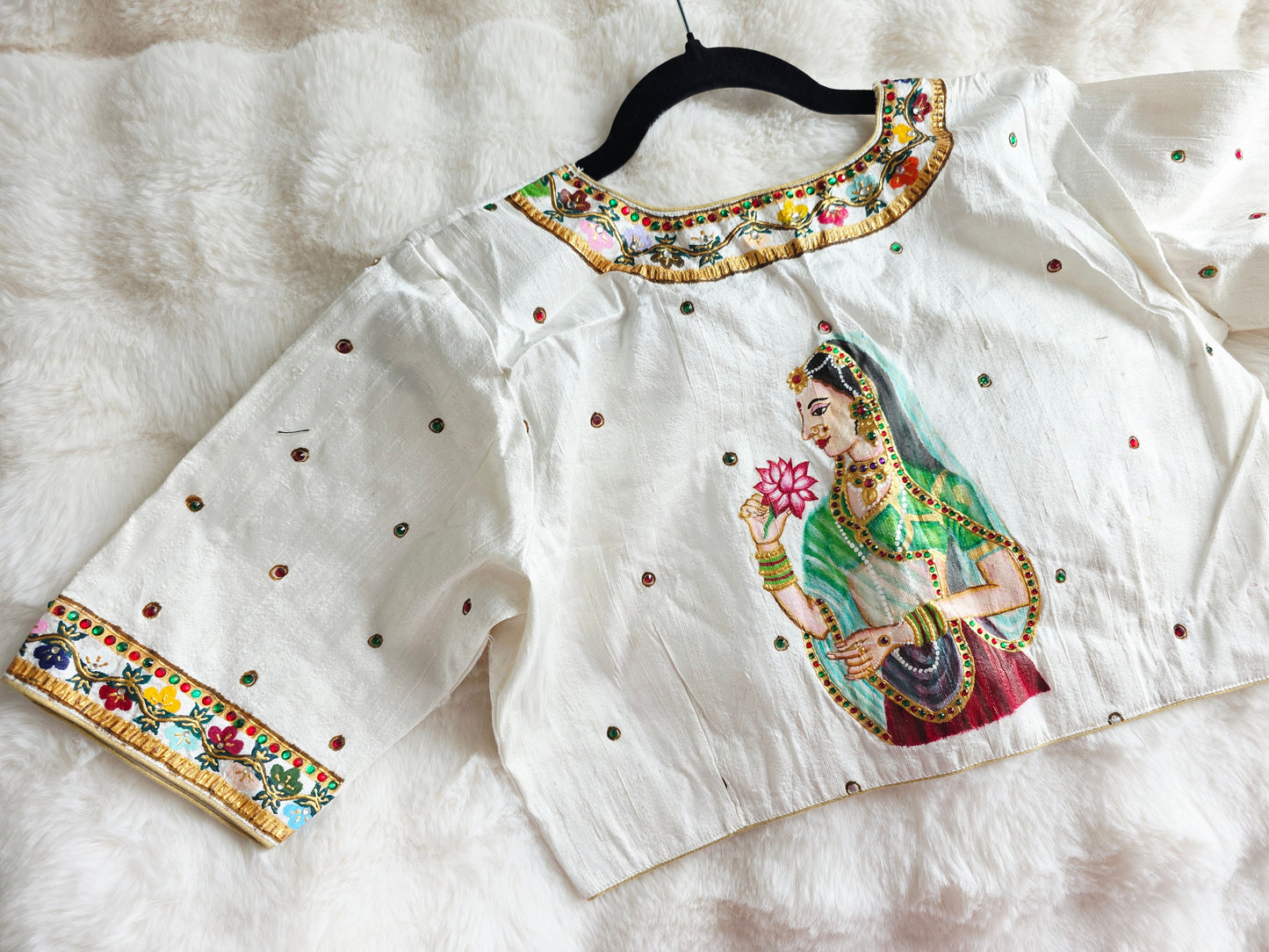 Ivory Pearl Pure Raw Silk Tanjore Handpainted Padmini Designer Stitched Blouse with Maggam Work | Size 40, Extendable to 46
