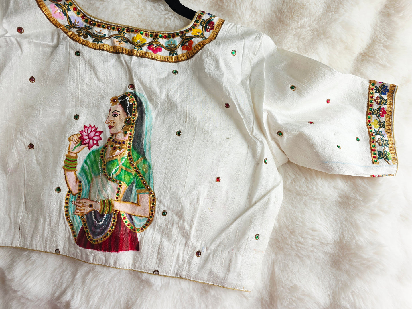 Ivory Pearl Pure Raw Silk Tanjore Handpainted Padmini Designer Stitched Blouse with Maggam Work | Size 40, Extendable to 46