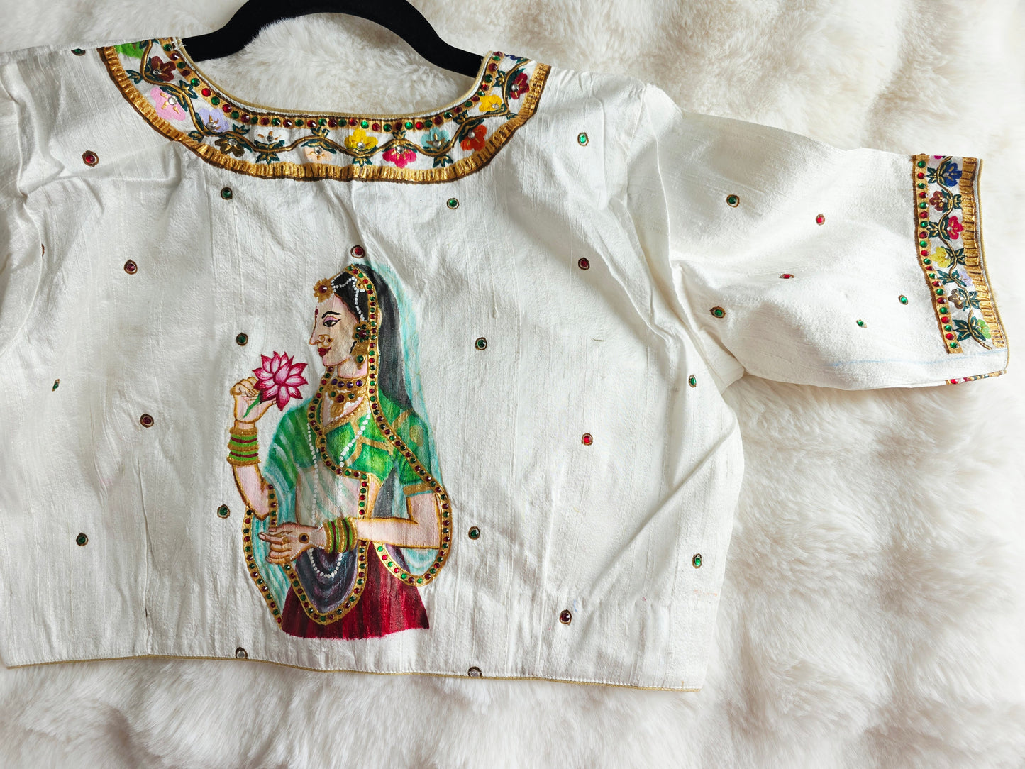 Ivory Pearl Pure Raw Silk Tanjore Handpainted Padmini Designer Stitched Blouse with Maggam Work | Size 40, Extendable to 46