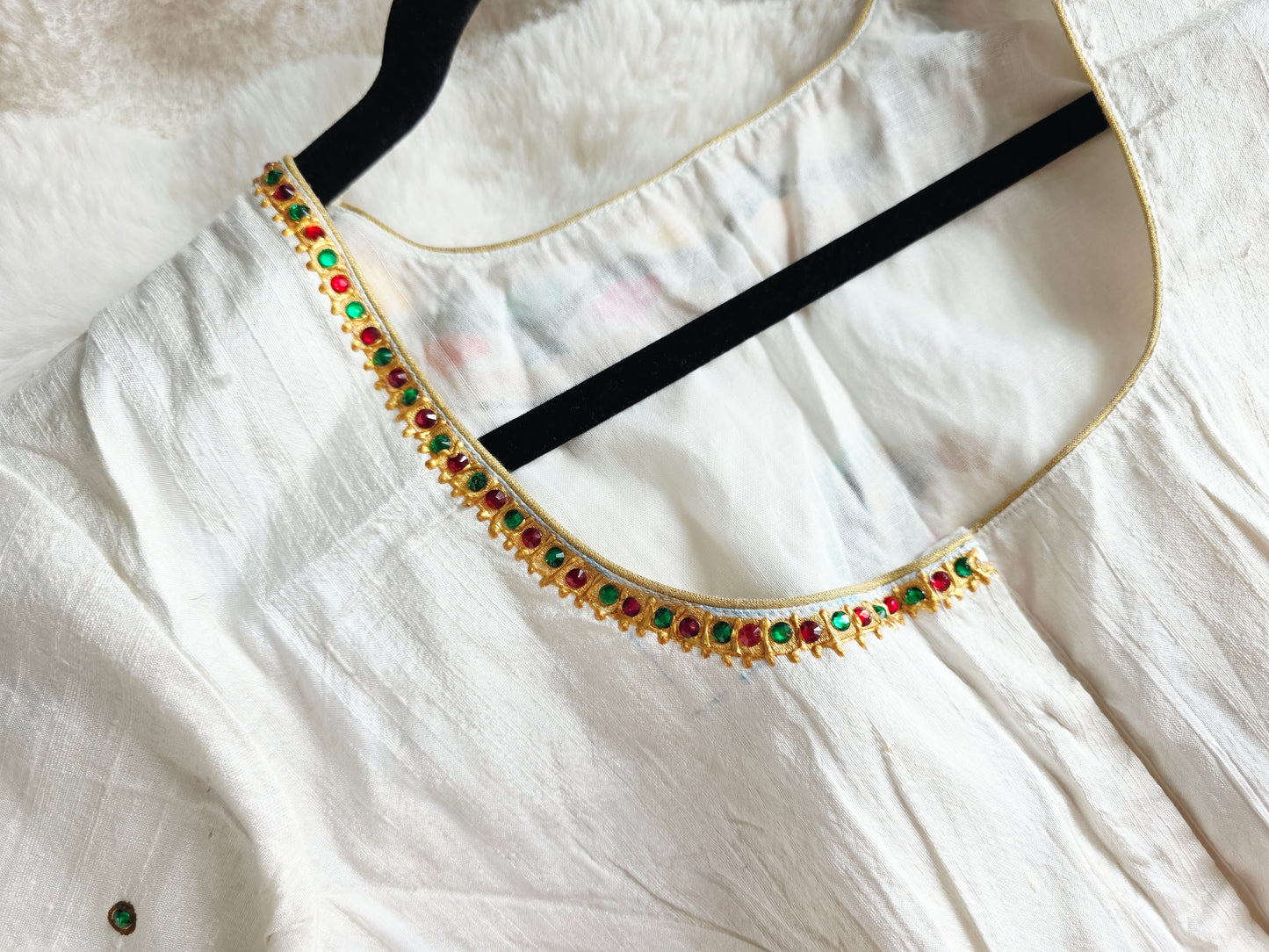 Ivory Pearl Pure Raw Silk Tanjore Handpainted Padmini Designer Stitched Blouse with Maggam Work | Size 40, Extendable to 46