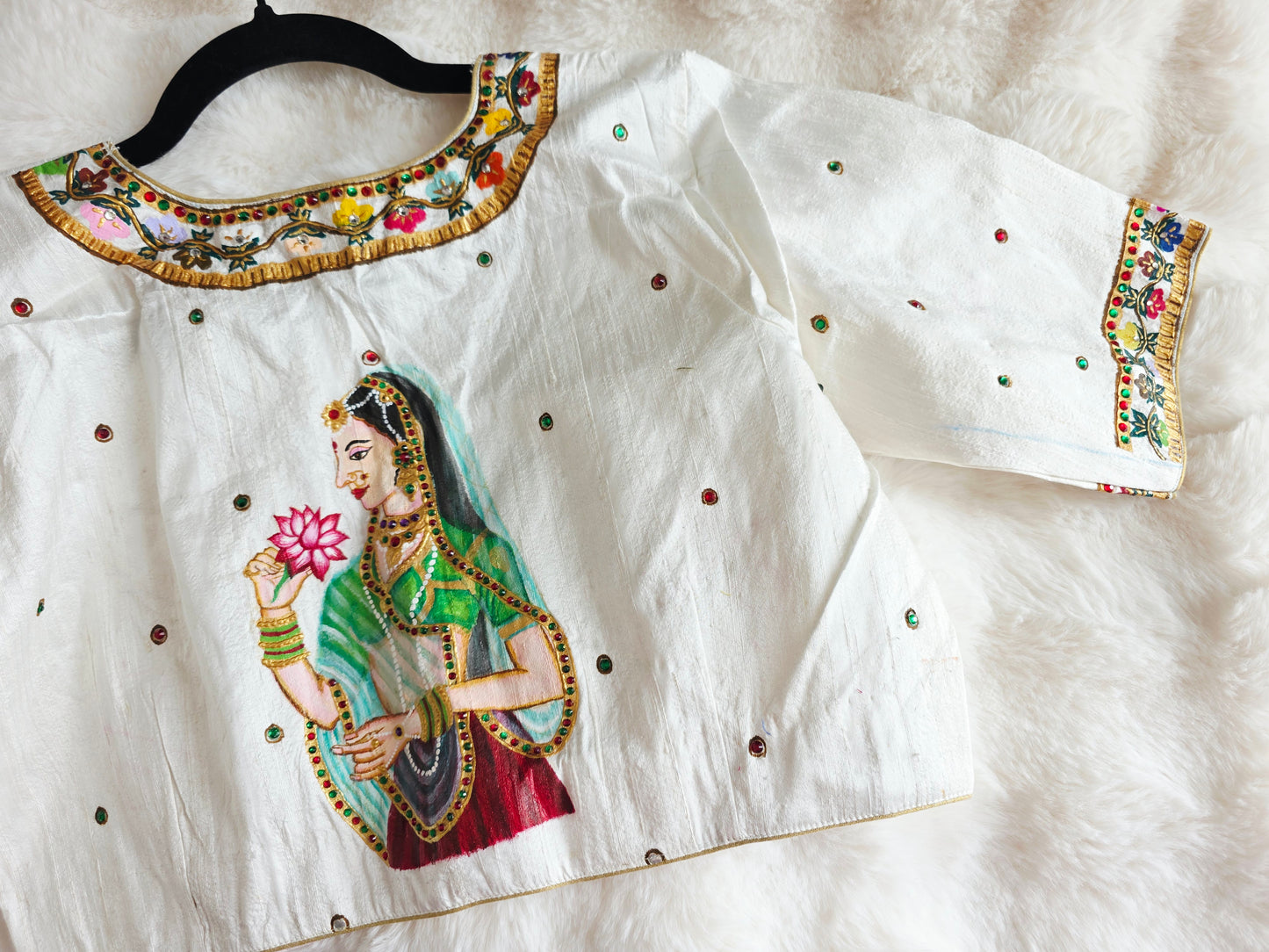 Ivory Pearl Pure Raw Silk Tanjore Handpainted Padmini Designer Stitched Blouse with Maggam Work | Size 40, Extendable to 46