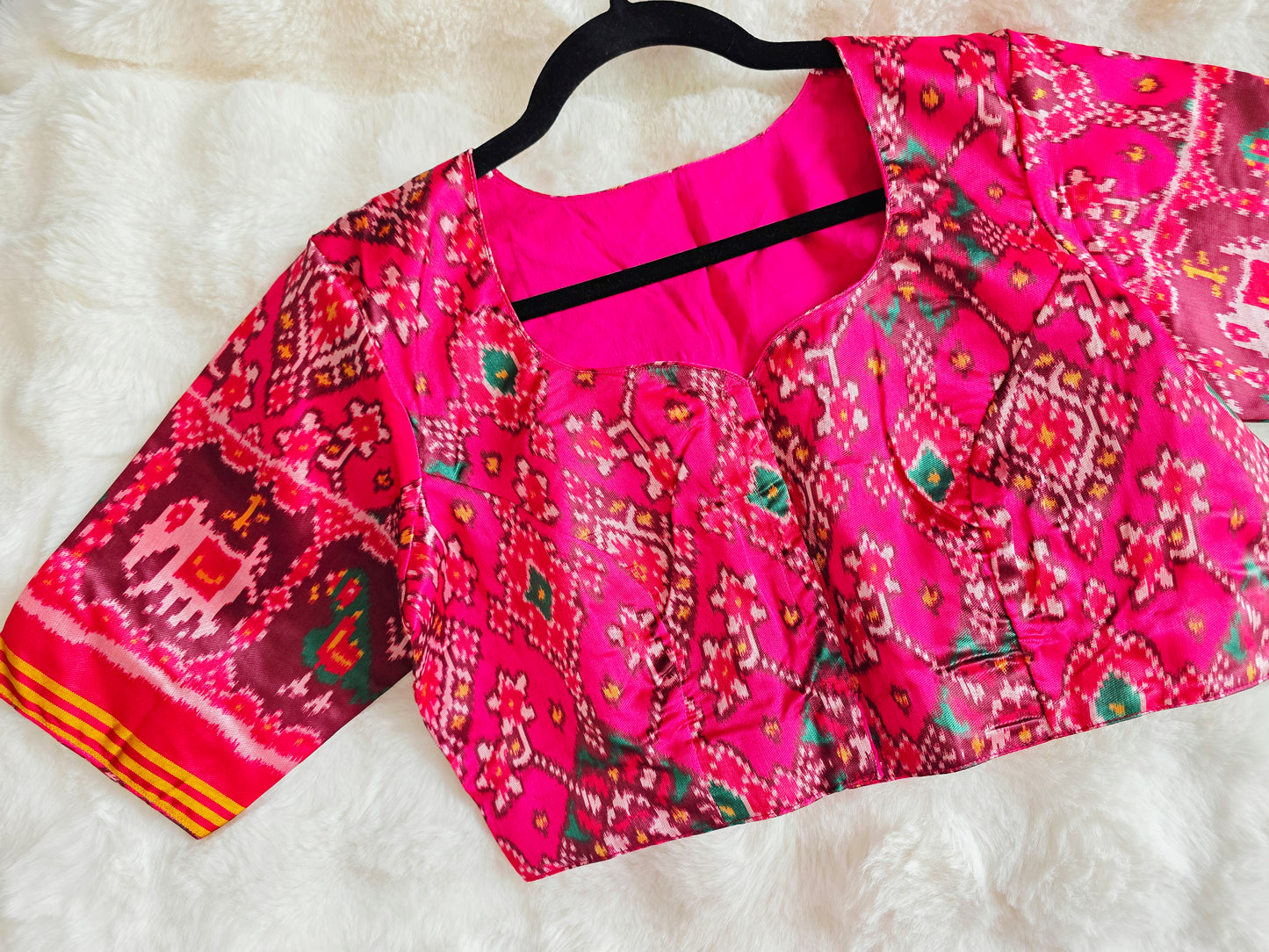 Royal Rani Pink Patola Silk Designer Stitched Blouse with Multicolor Ikat Motifs & Elbow Sleeves | Size 40, Extendable to 46