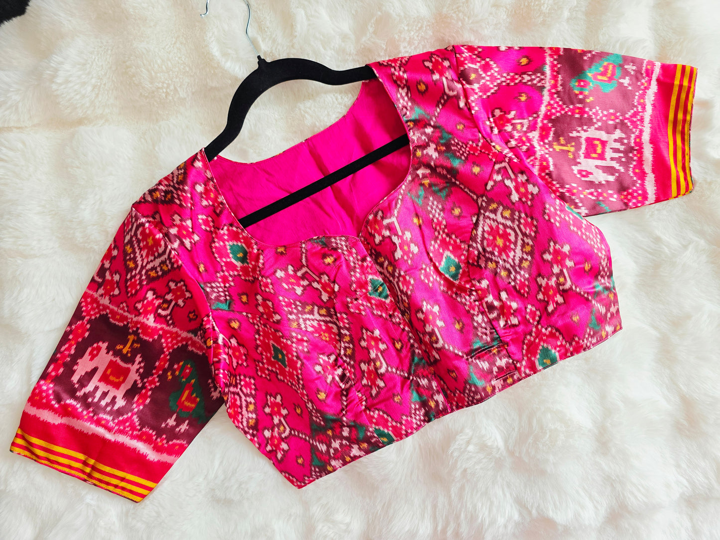 Royal Rani Pink Patola Silk Designer Stitched Blouse with Multicolor Ikat Motifs & Elbow Sleeves | Size 40, Extendable to 46