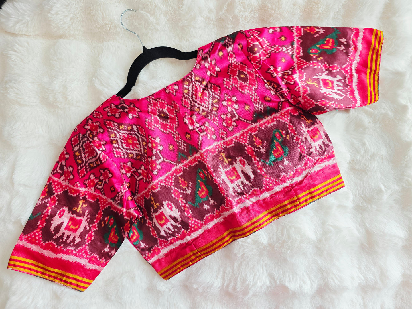 Royal Rani Pink Patola Silk Designer Stitched Blouse with Multicolor Ikat Motifs & Elbow Sleeves | Size 40, Extendable to 46