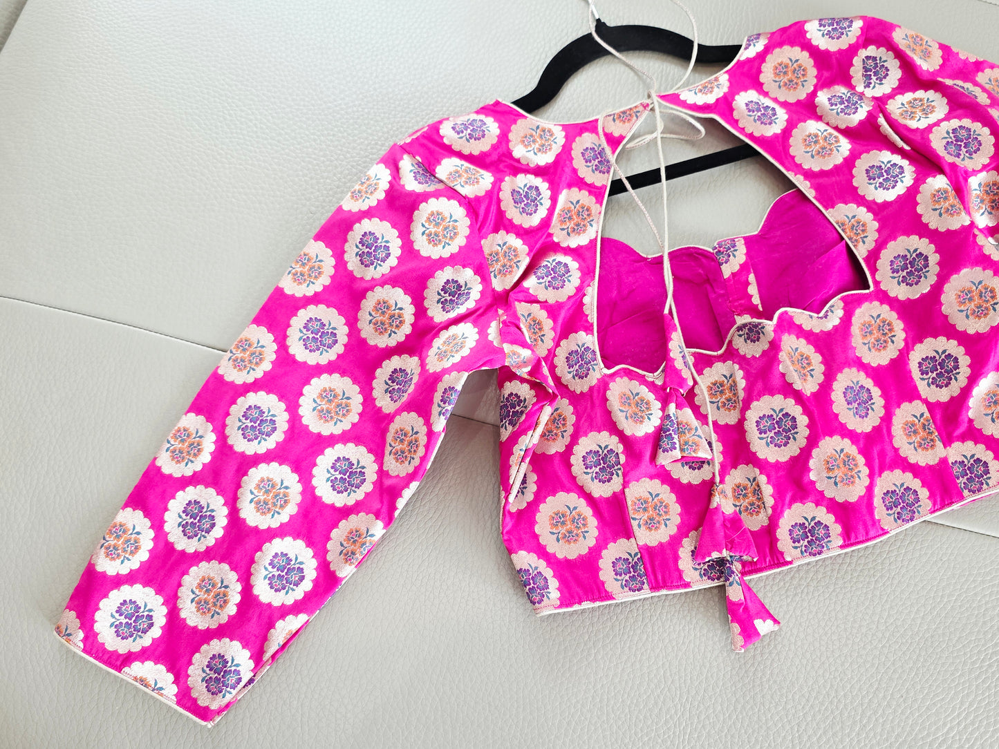 Royal Fuchsia Pink Benarasi Silk Floral Butta Designer Stitched Blouse with 3/4 Sleeves | Size 36, Extendable to 42