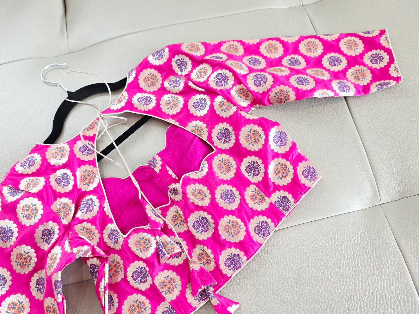 Royal Fuchsia Pink Benarasi Silk Floral Butta Designer Stitched Blouse with 3/4 Sleeves | Size 36, Extendable to 42