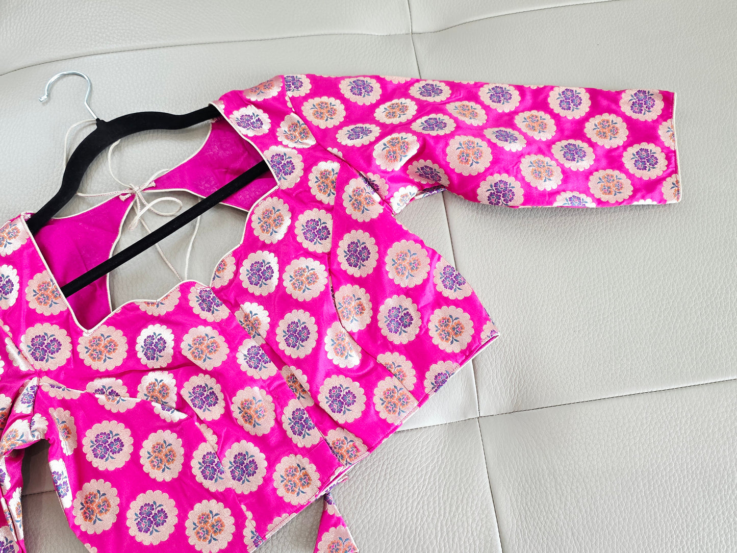 Royal Fuchsia Pink Benarasi Silk Floral Butta Designer Stitched Blouse with 3/4 Sleeves | Size 36, Extendable to 42
