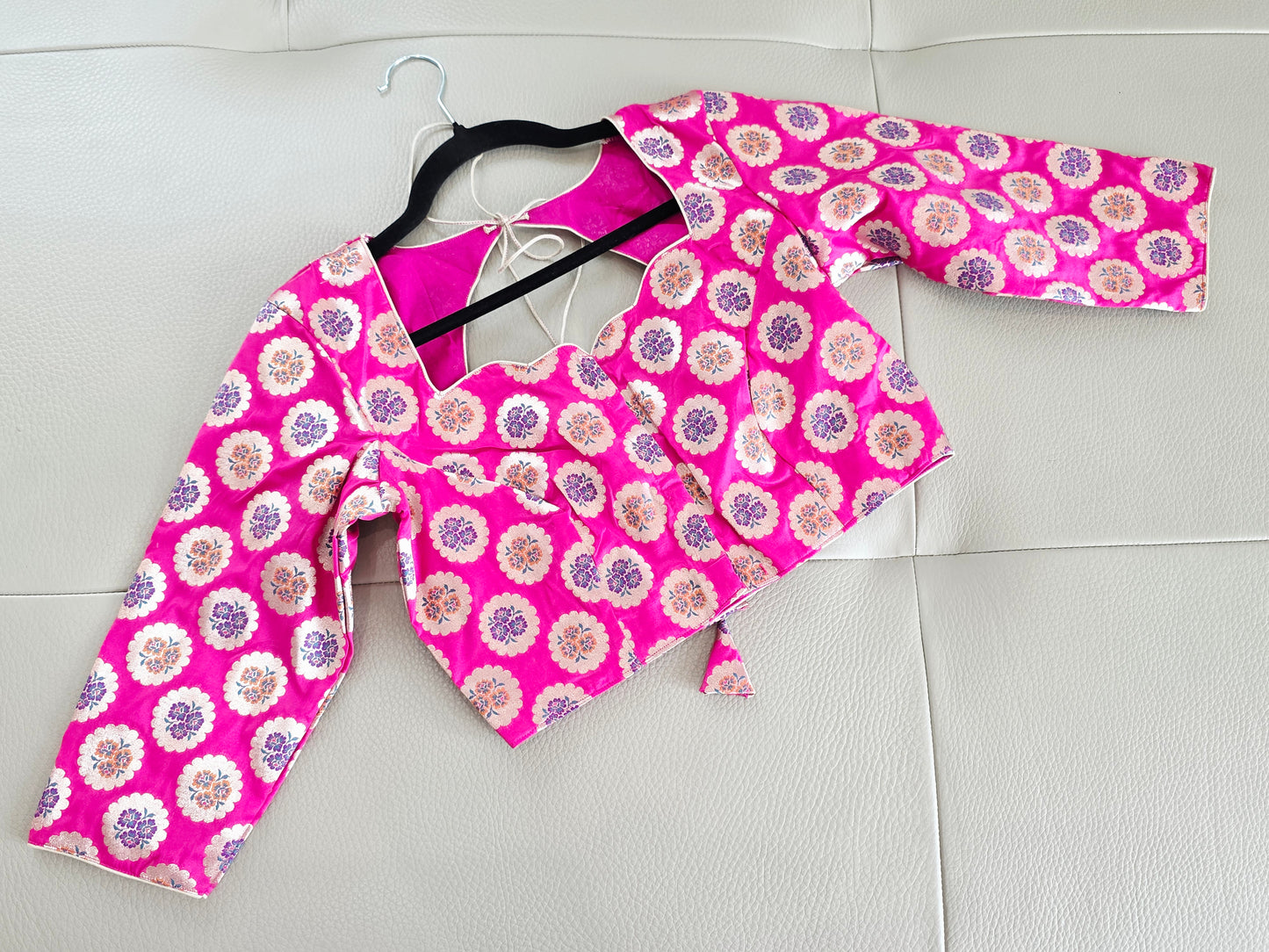 Royal Fuchsia Pink Benarasi Silk Floral Butta Designer Stitched Blouse with 3/4 Sleeves | Size 36, Extendable to 42