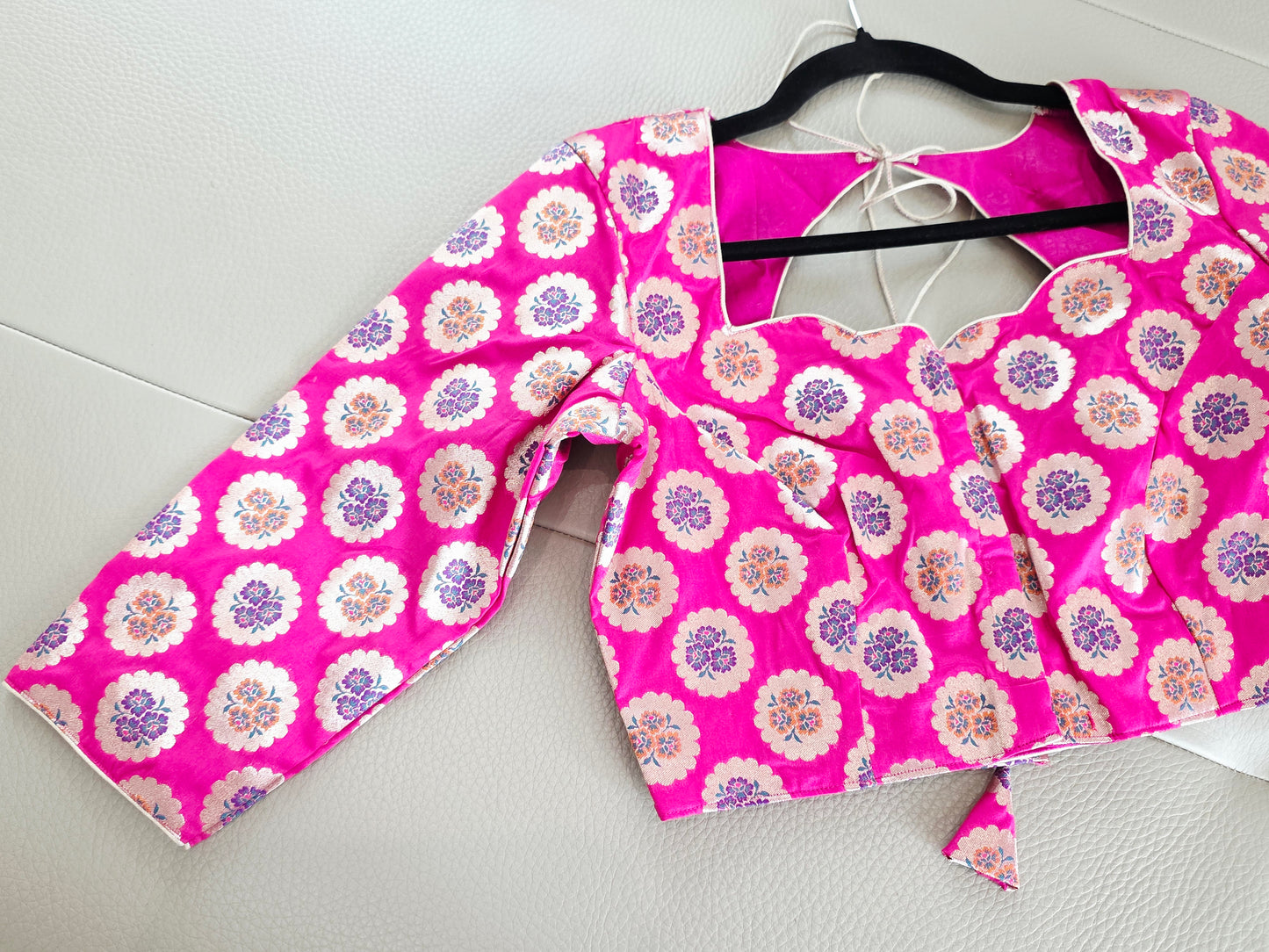 Royal Fuchsia Pink Benarasi Silk Floral Butta Designer Stitched Blouse with 3/4 Sleeves | Size 36, Extendable to 42