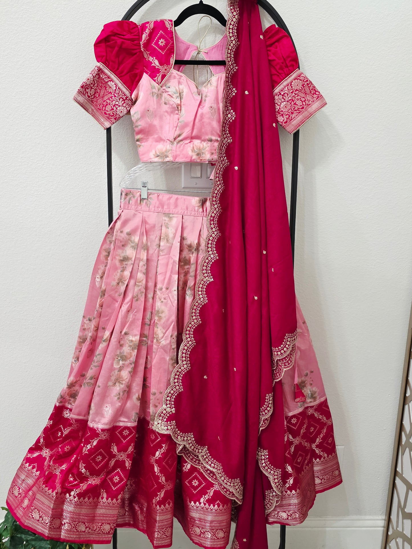 Blush Rose Pink & Rani Pink Floral Blended Benarasi Silk Lehenga Set with Light Gold Zari Brocade Border, Scalloped Embroidered Chinon Chiffon Dupatta & Designer Puff Sleeve Stitched Blouse | Size 32–38 | Juniors 11+