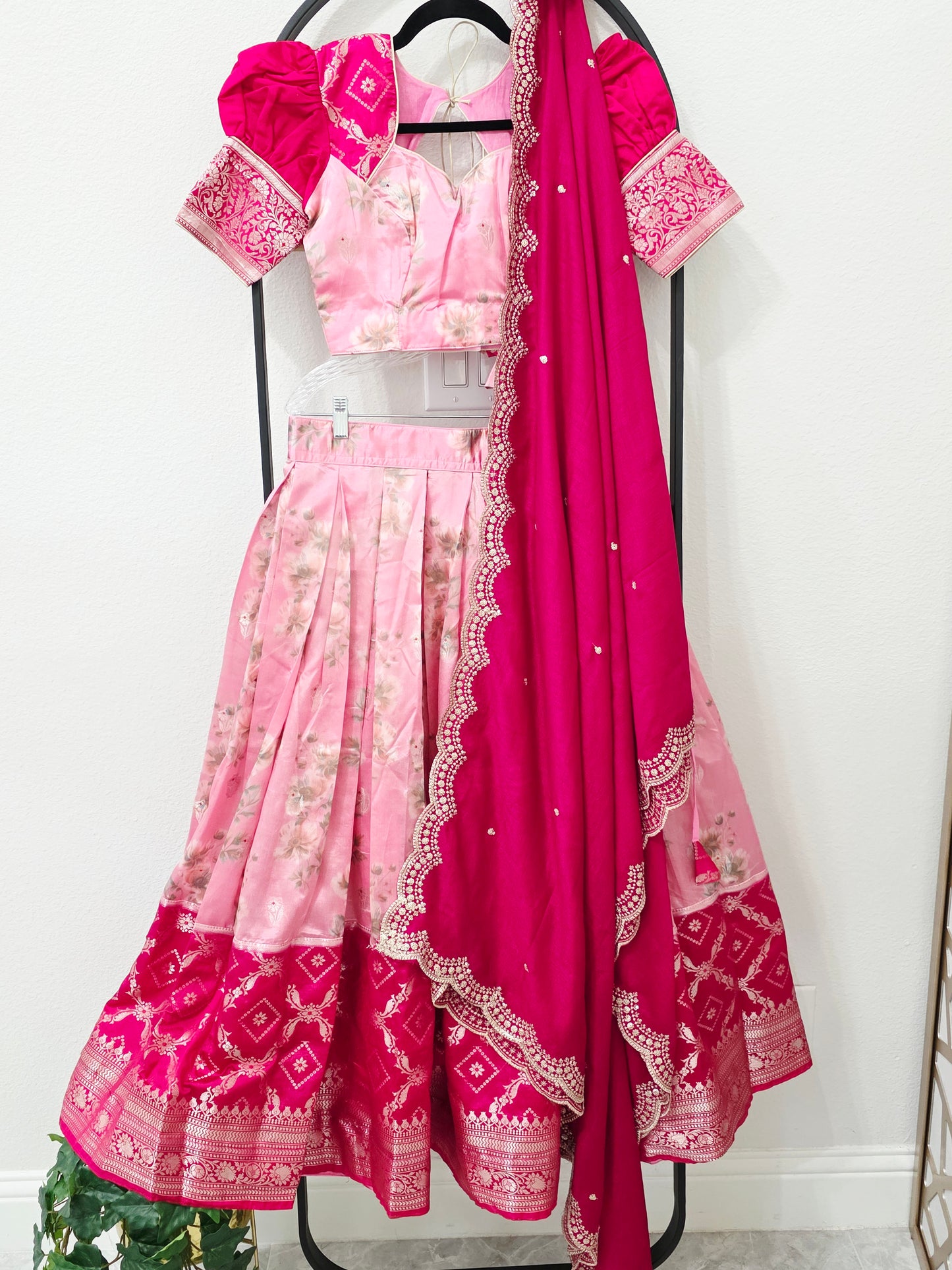 Blush Rose Pink & Rani Pink Floral Blended Benarasi Silk Lehenga Set with Light Gold Zari Brocade Border, Scalloped Embroidered Chinon Chiffon Dupatta & Designer Puff Sleeve Stitched Blouse | Size 32–38 | Juniors 11+
