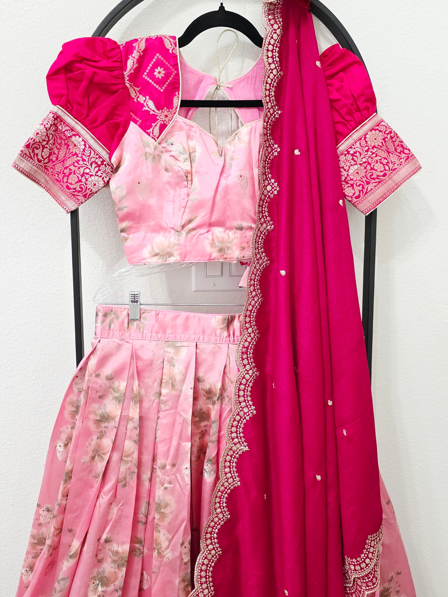 Blush Rose Pink & Rani Pink Floral Blended Benarasi Silk Lehenga Set with Light Gold Zari Brocade Border, Scalloped Embroidered Chinon Chiffon Dupatta & Designer Puff Sleeve Stitched Blouse | Size 32–38 | Juniors 11+