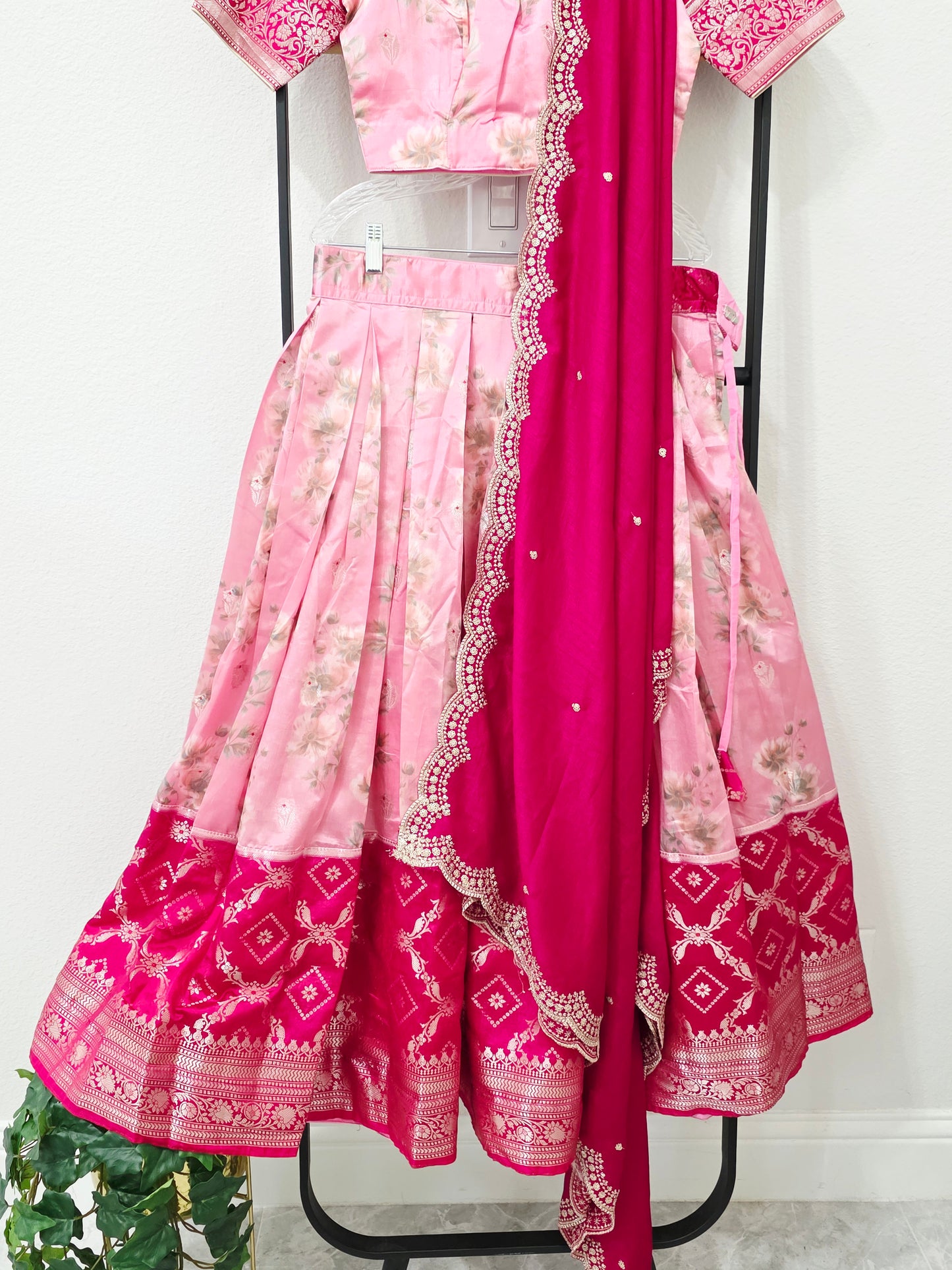 Blush Rose Pink & Rani Pink Floral Blended Benarasi Silk Lehenga Set with Light Gold Zari Brocade Border, Scalloped Embroidered Chinon Chiffon Dupatta & Designer Puff Sleeve Stitched Blouse | Size 32–38 | Juniors 11+