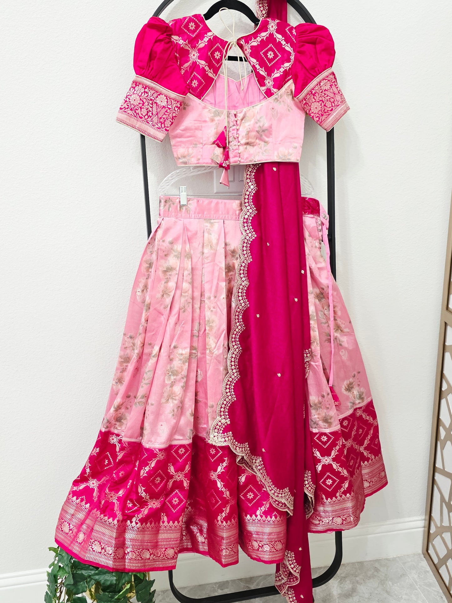 Blush Rose Pink & Rani Pink Floral Blended Benarasi Silk Lehenga Set with Light Gold Zari Brocade Border, Scalloped Embroidered Chinon Chiffon Dupatta & Designer Puff Sleeve Stitched Blouse | Size 32–38 | Juniors 11+