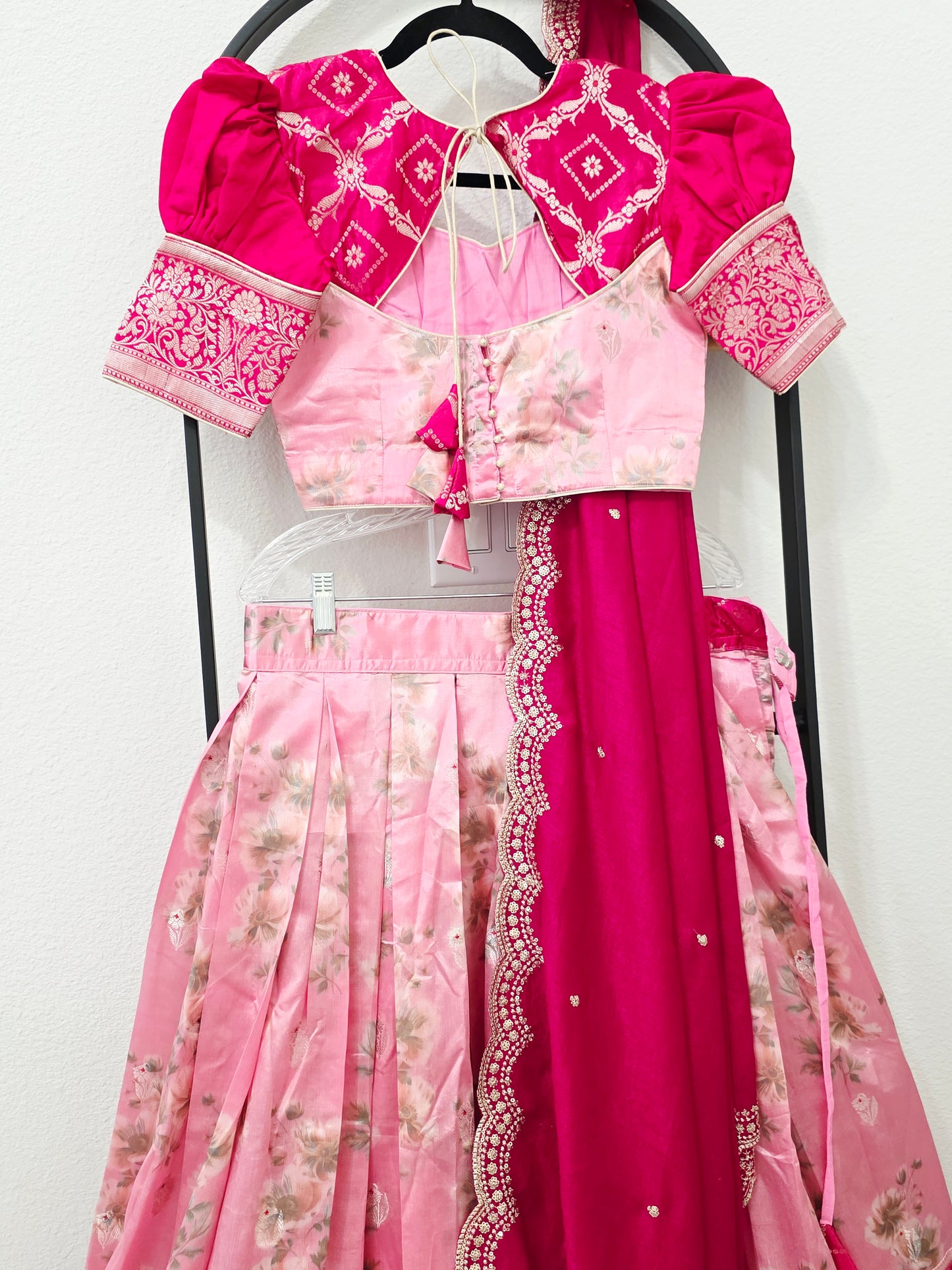Blush Rose Pink & Rani Pink Floral Blended Benarasi Silk Lehenga Set with Light Gold Zari Brocade Border, Scalloped Embroidered Chinon Chiffon Dupatta & Designer Puff Sleeve Stitched Blouse | Size 32–38 | Juniors 11+