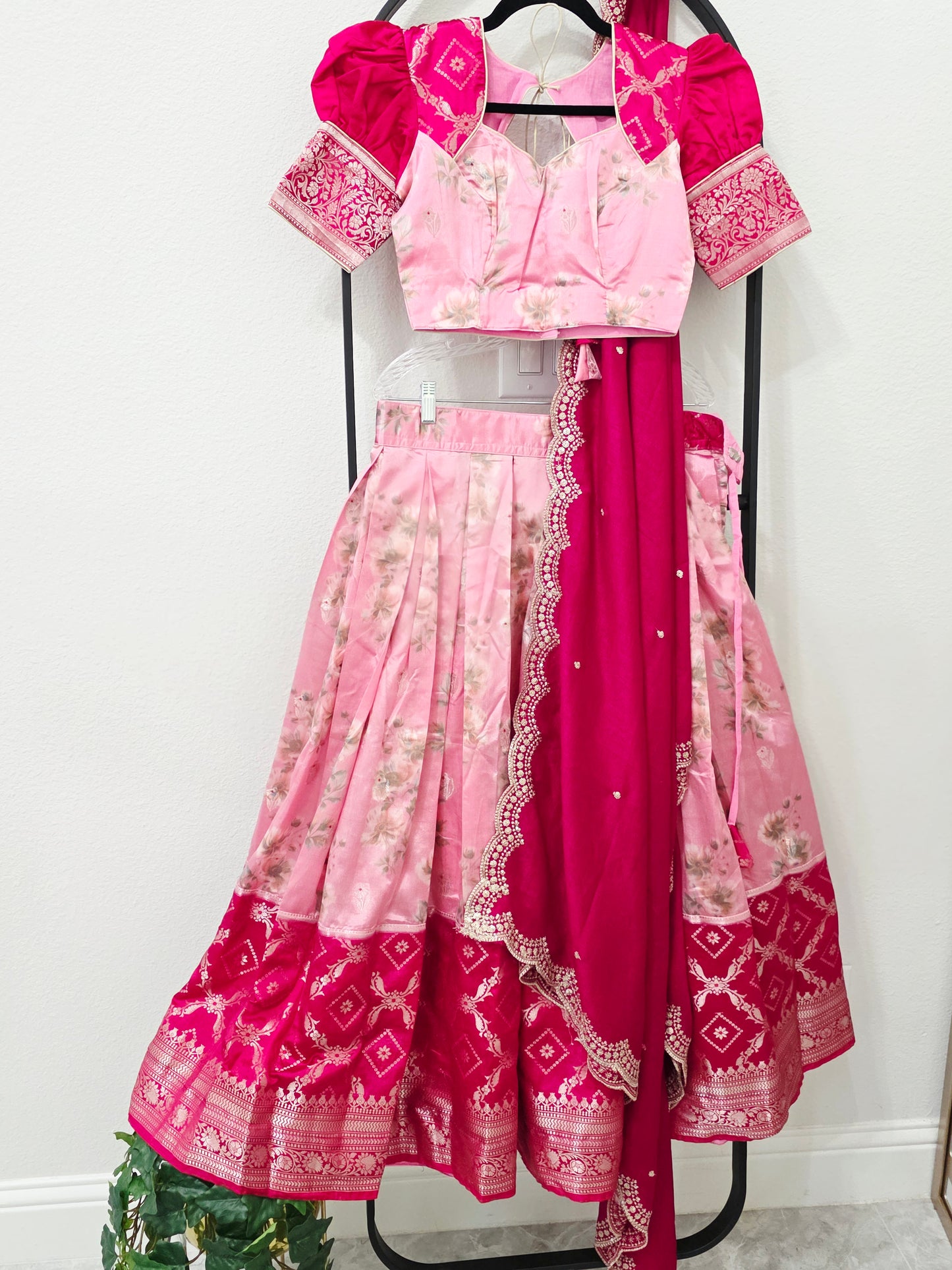 Blush Rose Pink & Rani Pink Floral Blended Benarasi Silk Lehenga Set with Light Gold Zari Brocade Border, Scalloped Embroidered Chinon Chiffon Dupatta & Designer Puff Sleeve Stitched Blouse | Size 32–38 | Juniors 11+