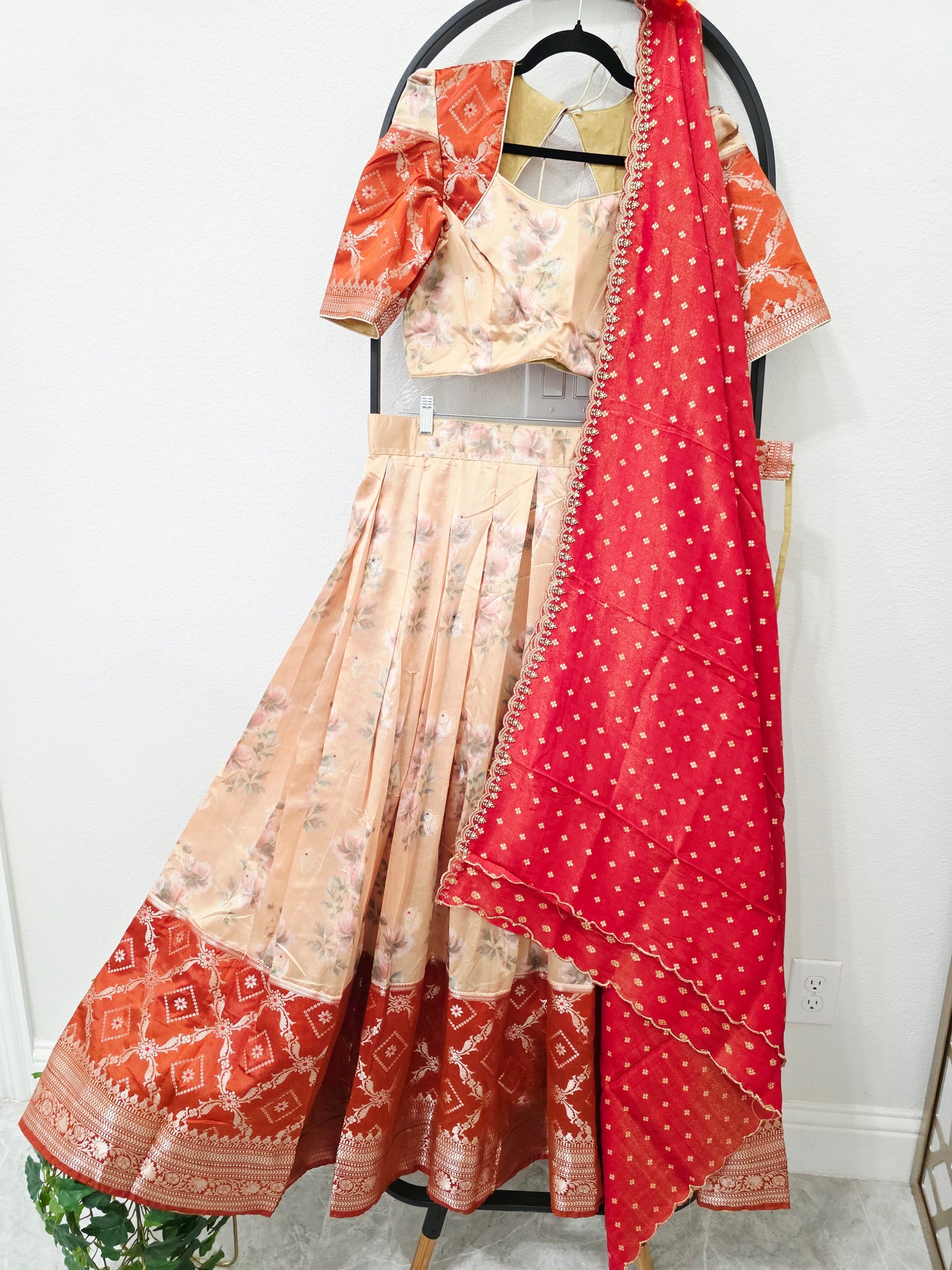 Champagne Golden Yellow & Burnt Rust Orange Floral Blended Benarasi Silk Lehenga Set with Light Gold Zari Brocade Border, Rust Red Tissue Scalloped Embroidered Dupatta & Stitched Designer Blouse | Size 38–44