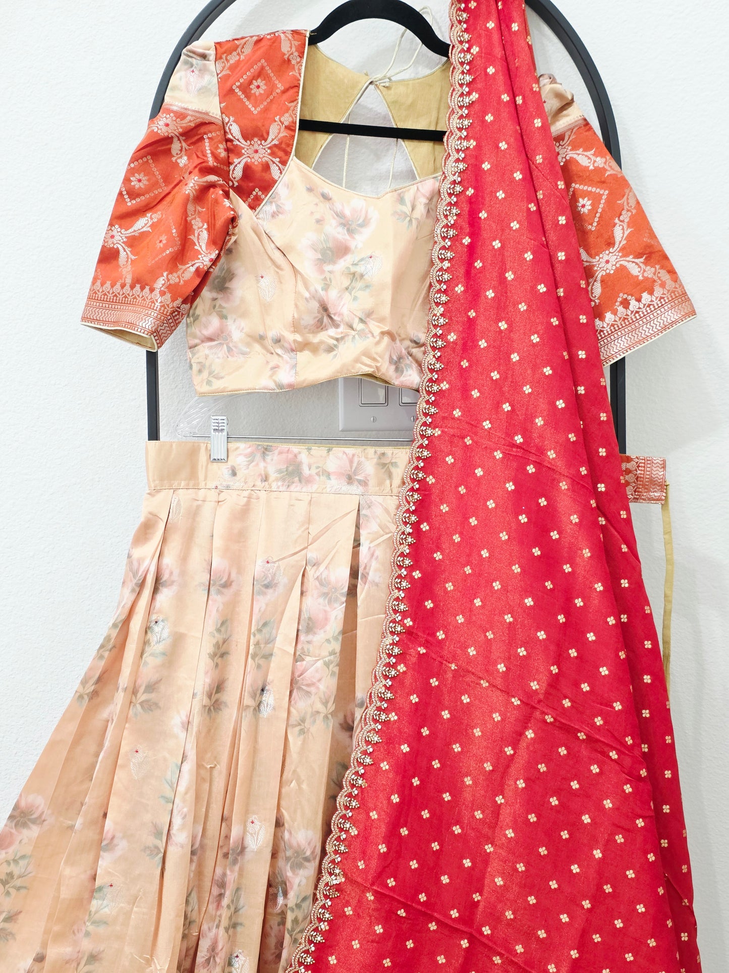 Champagne Golden Yellow & Burnt Rust Orange Floral Blended Benarasi Silk Lehenga Set with Light Gold Zari Brocade Border, Rust Red Tissue Scalloped Embroidered Dupatta & Stitched Designer Blouse | Size 38–44