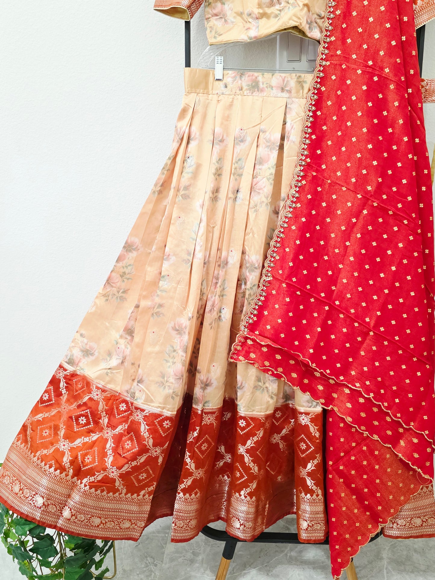 Champagne Golden Yellow & Burnt Rust Orange Floral Blended Benarasi Silk Lehenga Set with Light Gold Zari Brocade Border, Rust Red Tissue Scalloped Embroidered Dupatta & Stitched Designer Blouse | Size 38–44