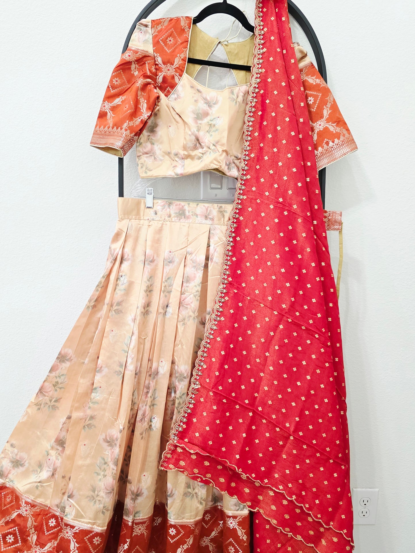 Champagne Golden Yellow & Burnt Rust Orange Floral Blended Benarasi Silk Lehenga Set with Light Gold Zari Brocade Border, Rust Red Tissue Scalloped Embroidered Dupatta & Stitched Designer Blouse | Size 38–44
