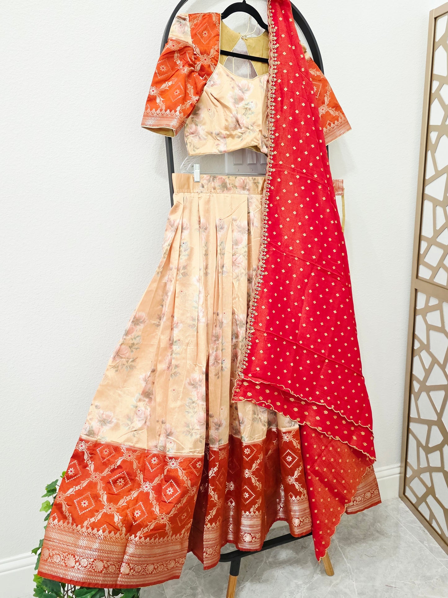 Champagne Golden Yellow & Burnt Rust Orange Floral Blended Benarasi Silk Lehenga Set with Light Gold Zari Brocade Border, Rust Red Tissue Scalloped Embroidered Dupatta & Stitched Designer Blouse | Size 38–44