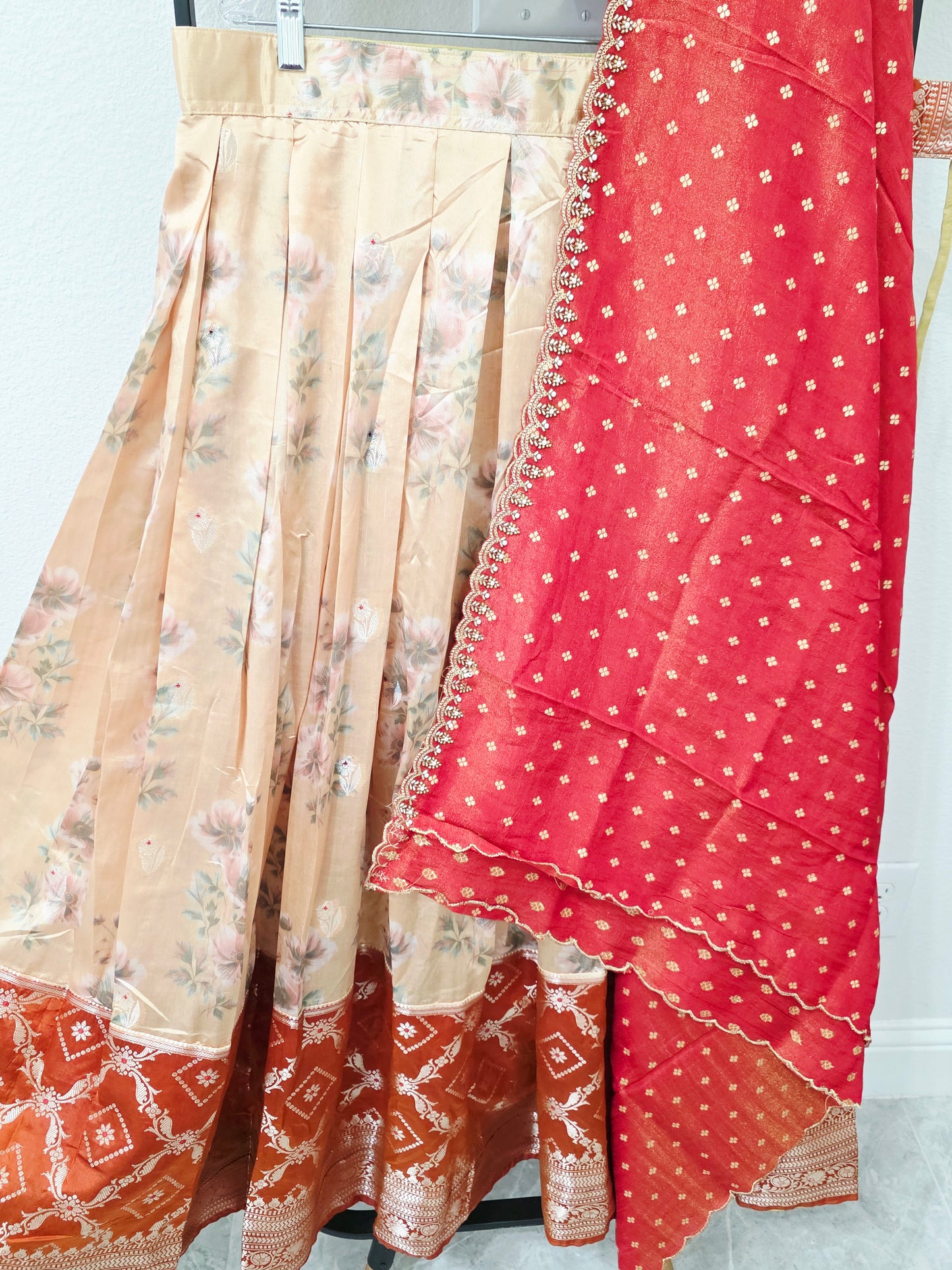 Champagne Golden Yellow & Burnt Rust Orange Floral Blended Benarasi Silk Lehenga Set with Light Gold Zari Brocade Border, Rust Red Tissue Scalloped Embroidered Dupatta & Stitched Designer Blouse | Size 38–44