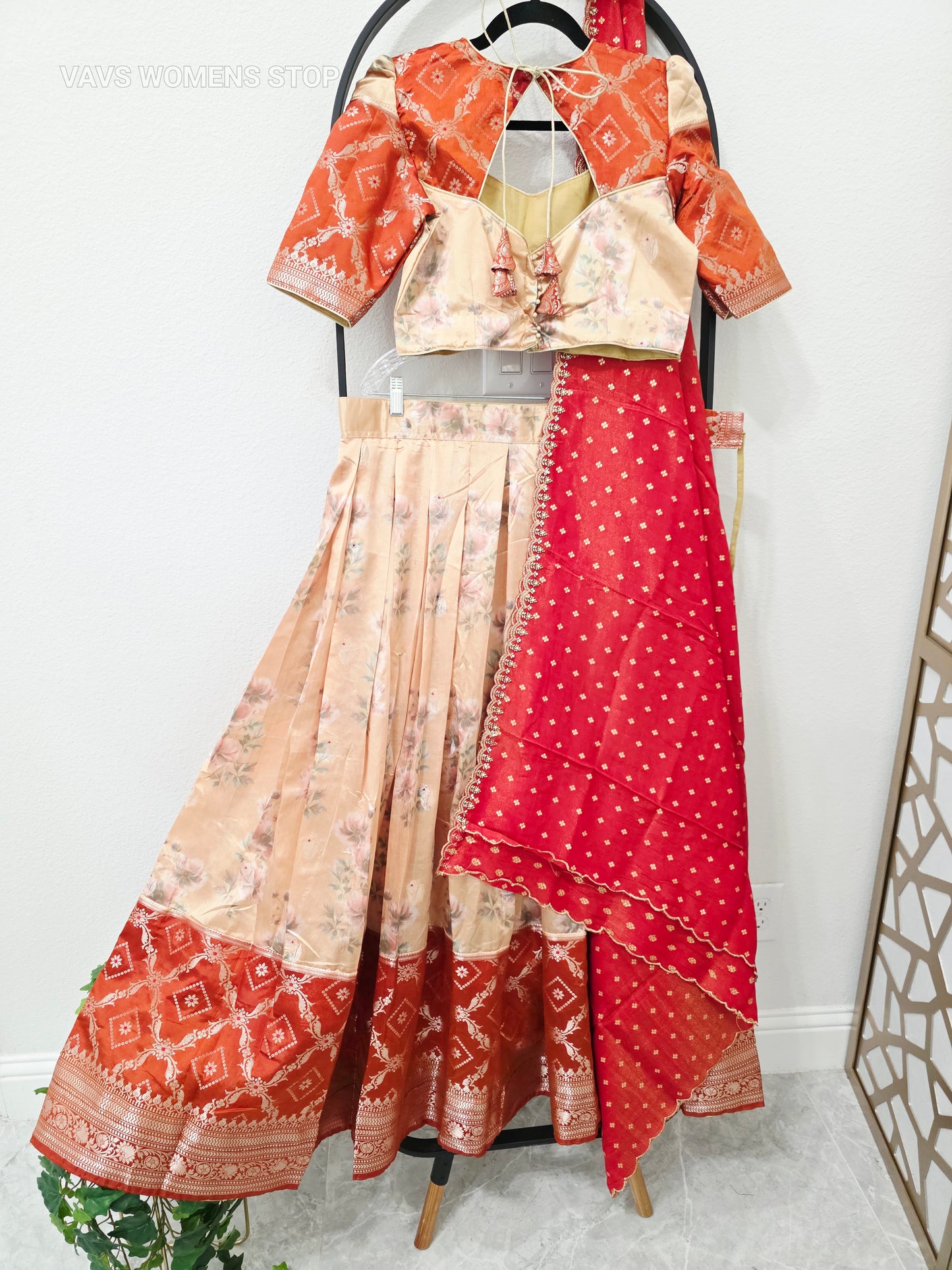 Champagne Golden Yellow & Burnt Rust Orange Floral Blended Benarasi Silk Lehenga Set with Light Gold Zari Brocade Border, Rust Red Tissue Scalloped Embroidered Dupatta & Stitched Designer Blouse | Size 38–44
