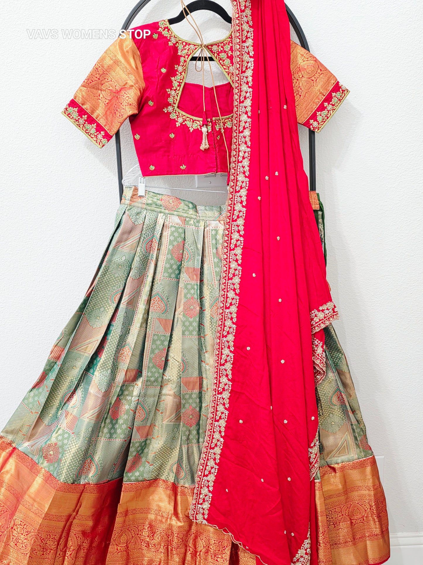 Pistachio Sage Green & Ruby Red Premium Semi Kanchi Silk Brocade Lehenga Set with Antique Copper Gold Zari Border, Ruby Red Crepe Silk Embroidered Dupatta & Stitched Designer Blouse | Size 38–44