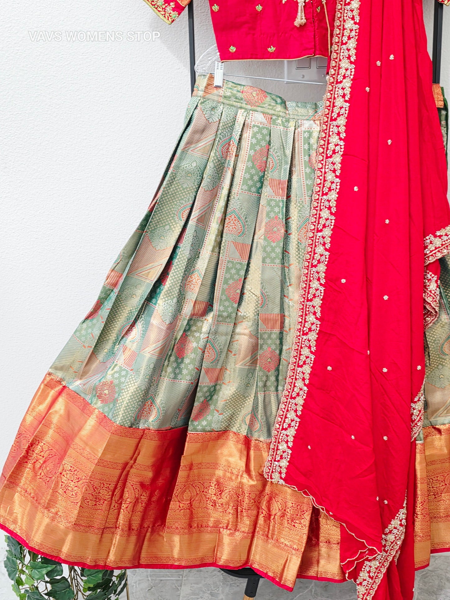 Pistachio Sage Green & Ruby Red Premium Semi Kanchi Silk Brocade Lehenga Set with Antique Copper Gold Zari Border, Ruby Red Crepe Silk Embroidered Dupatta & Stitched Designer Blouse | Size 38–44