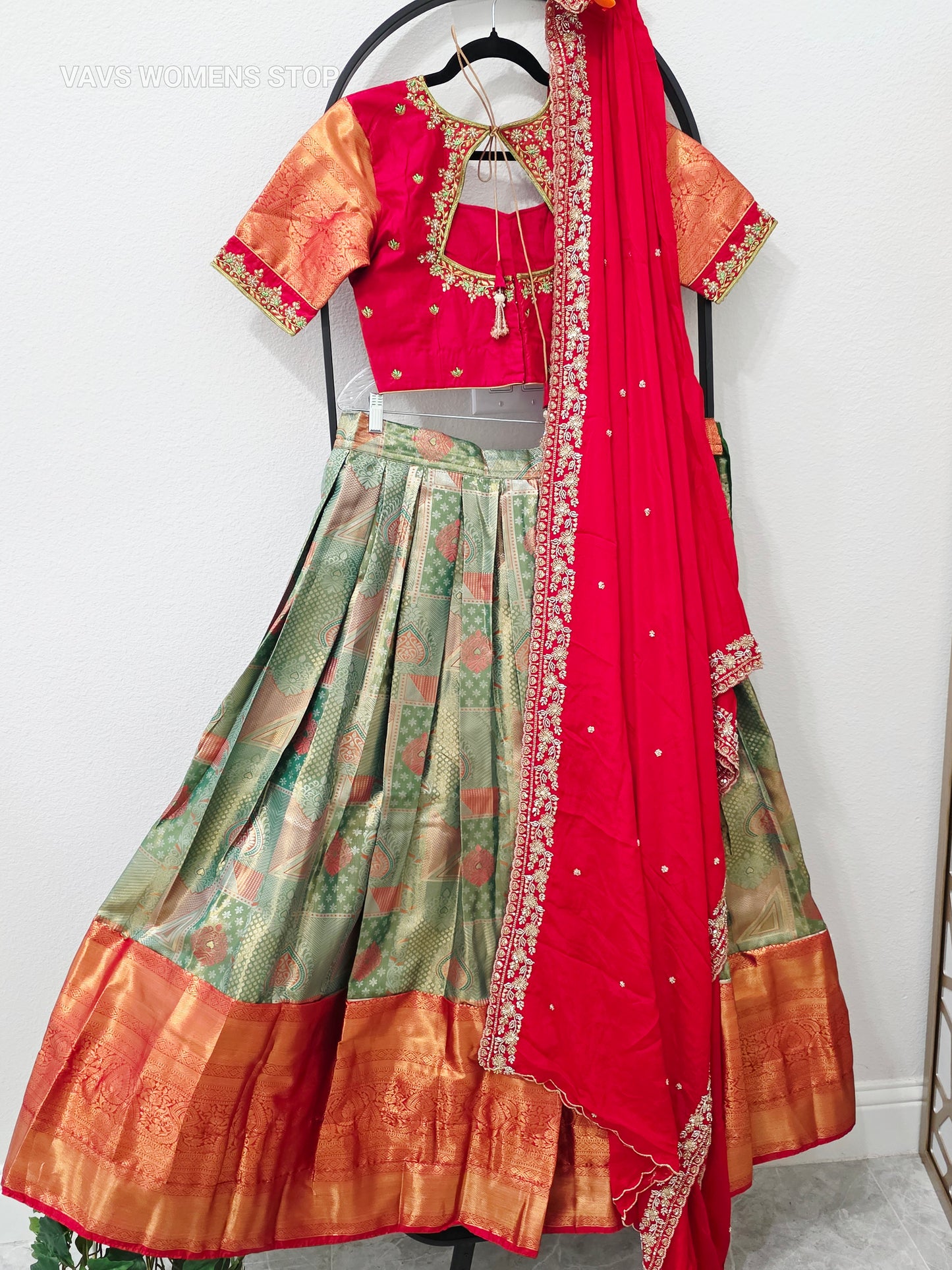 Pistachio Sage Green & Ruby Red Premium Semi Kanchi Silk Brocade Lehenga Set with Antique Copper Gold Zari Border, Ruby Red Crepe Silk Embroidered Dupatta & Stitched Designer Blouse | Size 38–44