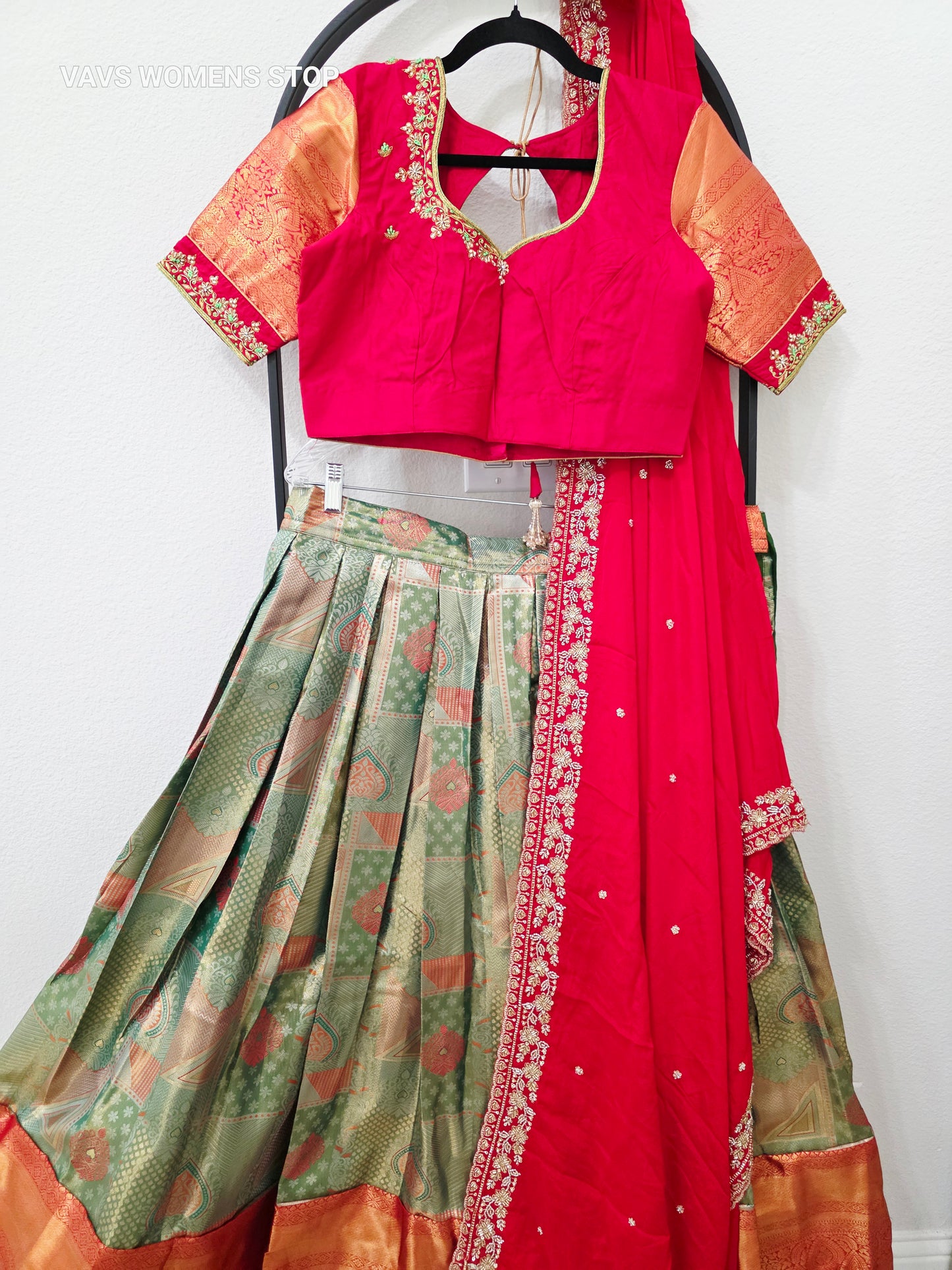 Pistachio Sage Green & Ruby Red Premium Semi Kanchi Silk Brocade Lehenga Set with Antique Copper Gold Zari Border, Ruby Red Crepe Silk Embroidered Dupatta & Stitched Designer Blouse | Size 38–44