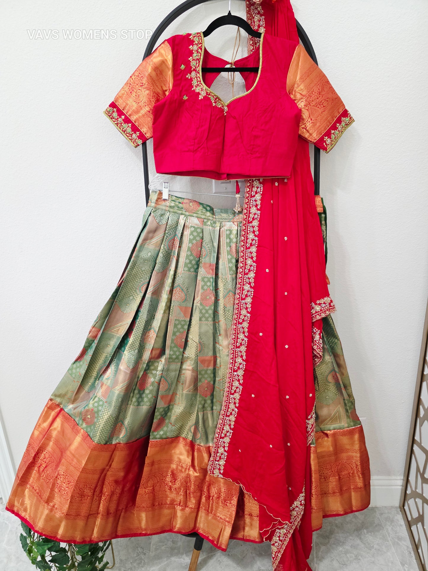 Pistachio Sage Green & Ruby Red Premium Semi Kanchi Silk Brocade Lehenga Set with Antique Copper Gold Zari Border, Ruby Red Crepe Silk Embroidered Dupatta & Stitched Designer Blouse | Size 38–44