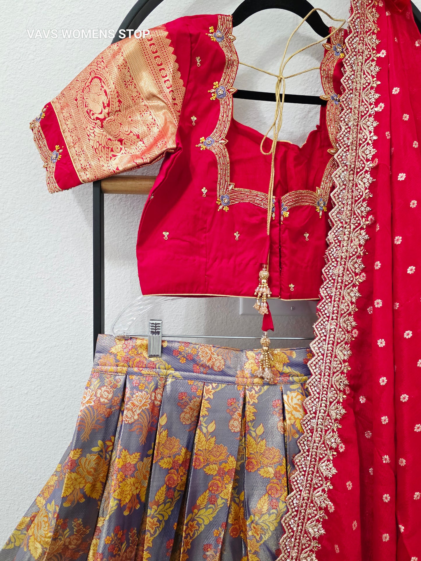 Royal Slate Blue & Ruby Red Premium Semi Kanchi Silk Brocade Lehenga Set with Antique Copper Gold Zari Border, Red Chinon Silk Embroidered Dupatta & Stitched Designer Blouse | Size 36, Extendable to 42