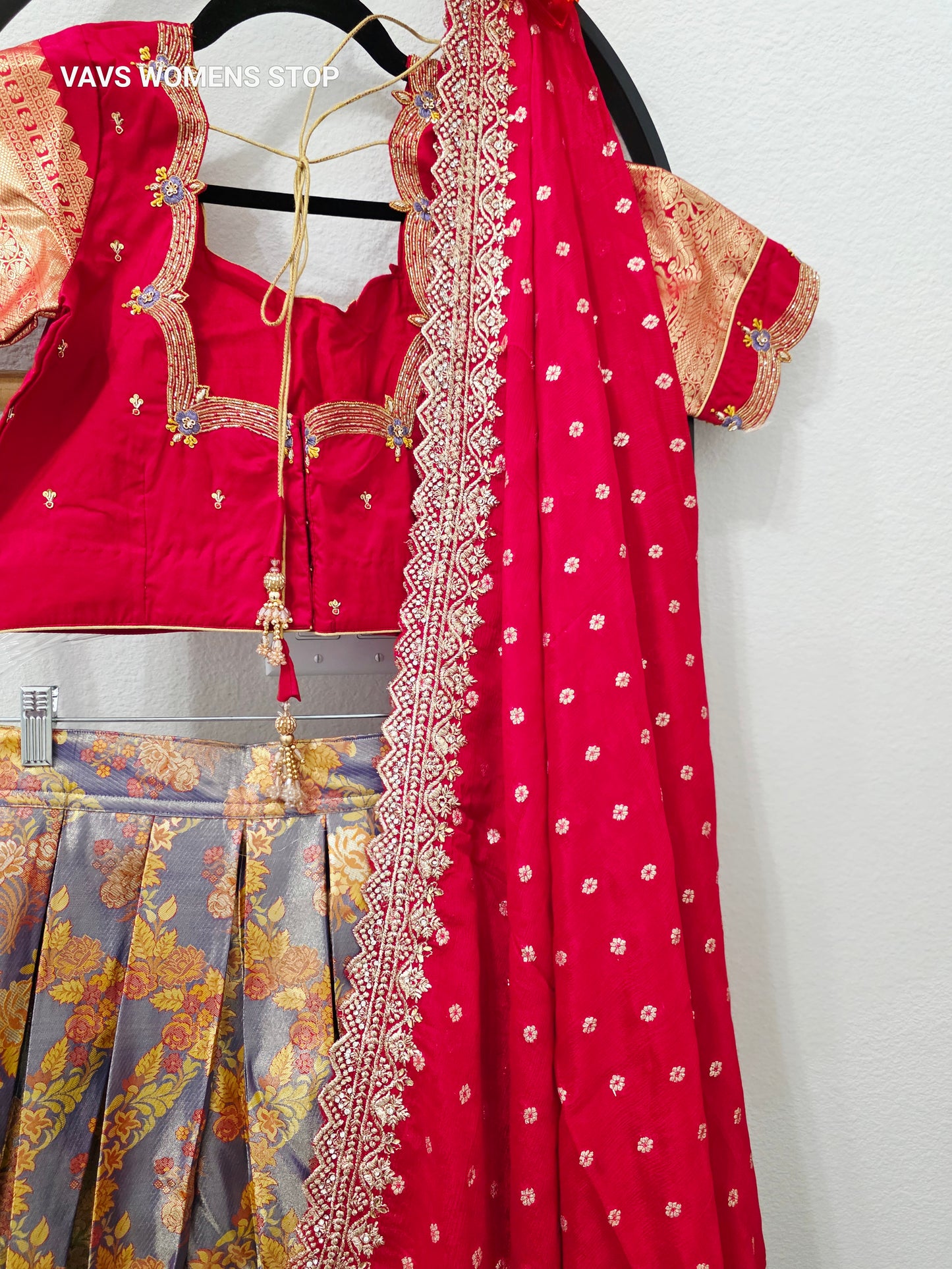 Royal Slate Blue & Ruby Red Premium Semi Kanchi Silk Brocade Lehenga Set with Antique Copper Gold Zari Border, Red Chinon Silk Embroidered Dupatta & Stitched Designer Blouse | Size 36, Extendable to 42