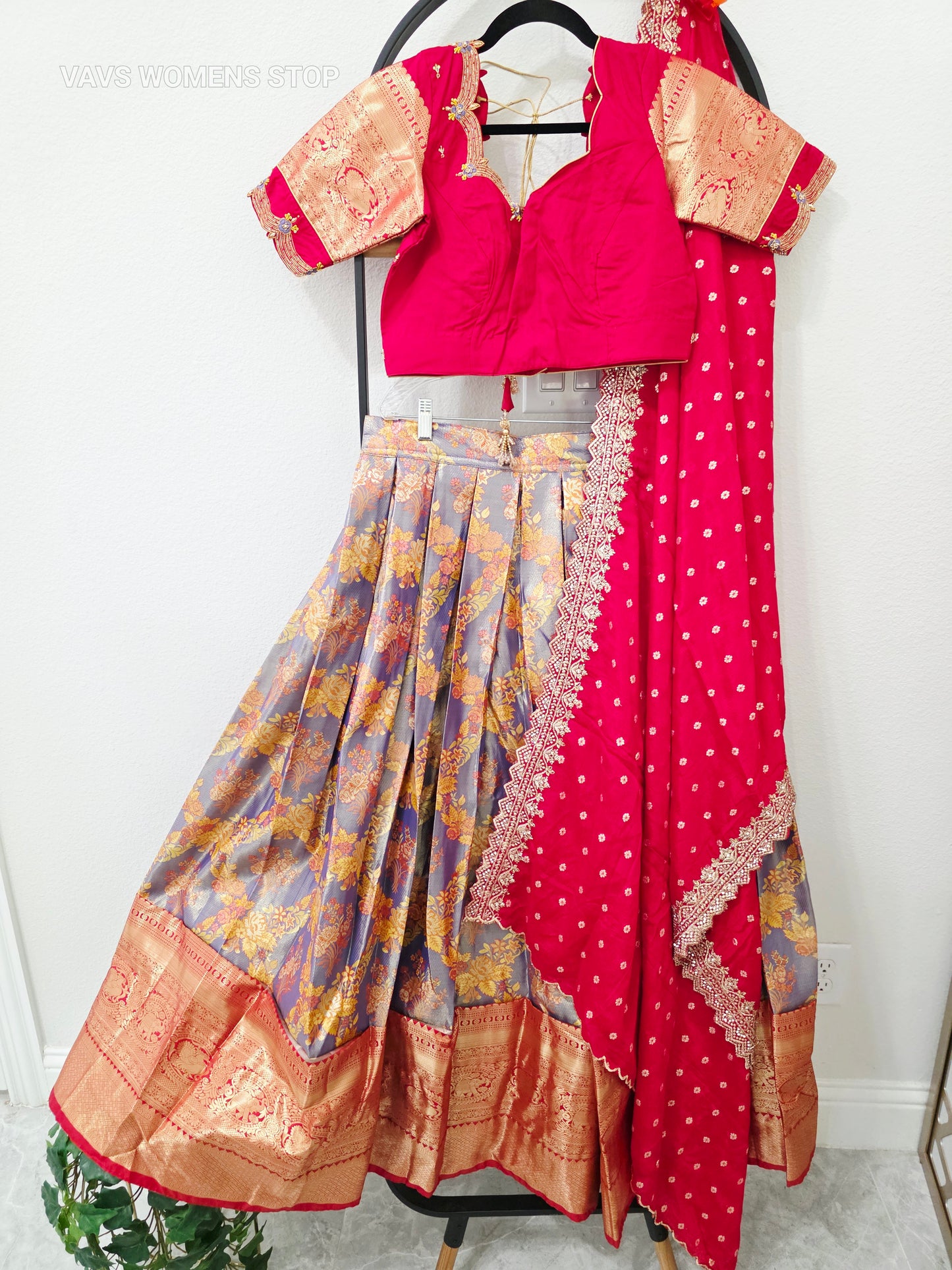 Royal Slate Blue & Ruby Red Premium Semi Kanchi Silk Brocade Lehenga Set with Antique Copper Gold Zari Border, Red Chinon Silk Embroidered Dupatta & Stitched Designer Blouse | Size 36, Extendable to 42