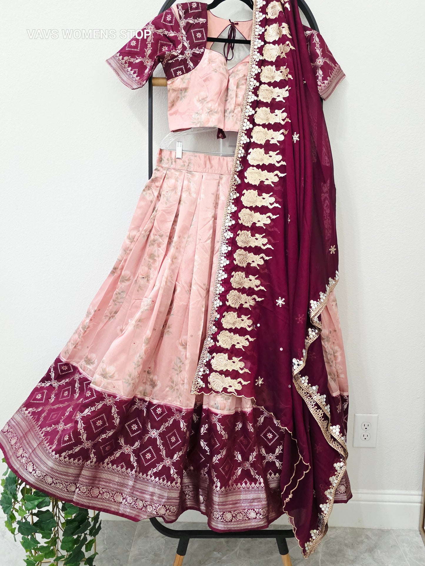 Luxury Blush Peach Pink & Royal Wine Burgundy Floral Print Blended Benarasi Silk Lehenga Set with Silver Zari Brocade Border, Dancing Girls Embroidered Chiffon Dupatta & Stitched Blouse | Size 36–42