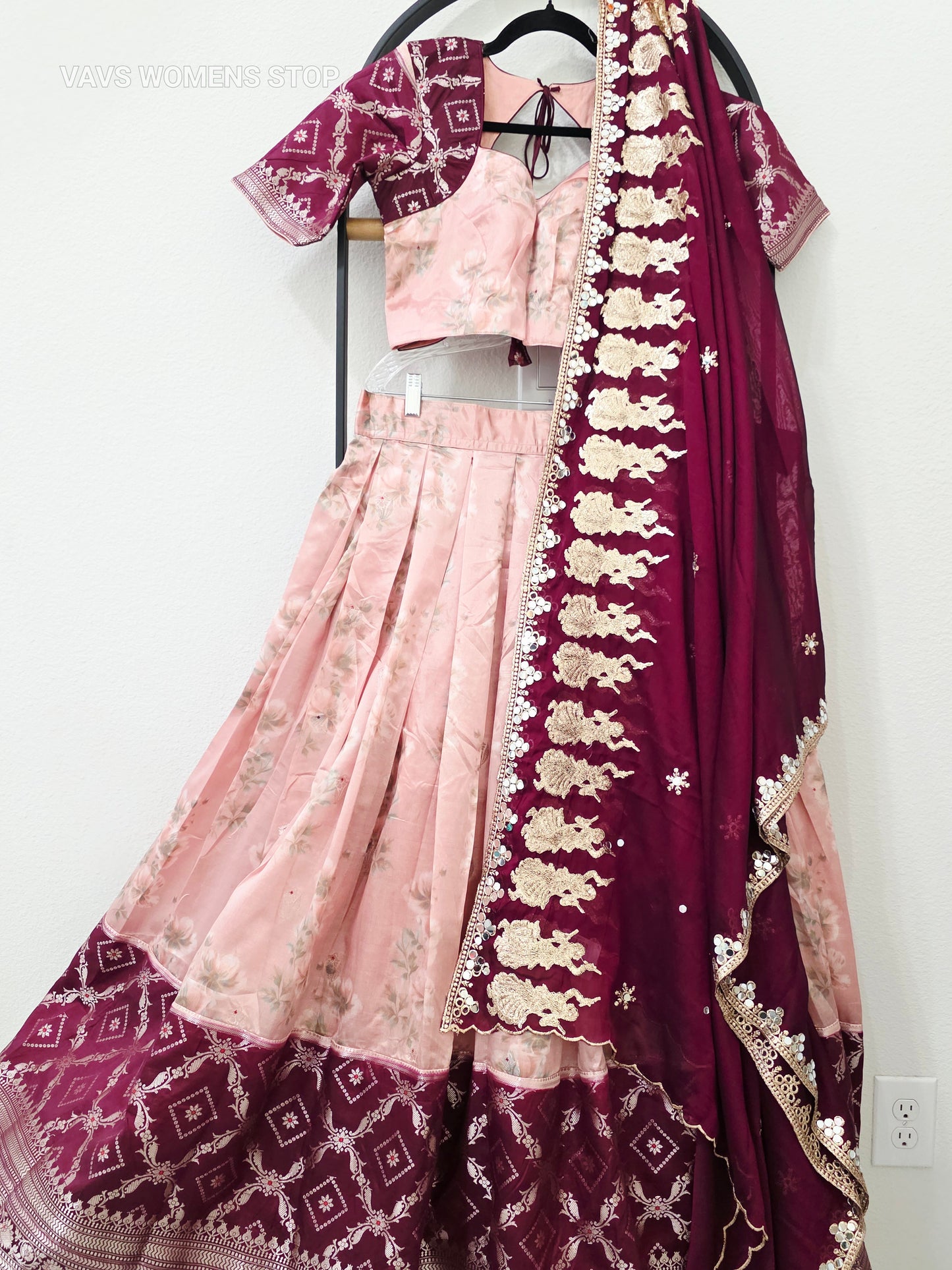 Luxury Blush Peach Pink & Royal Wine Burgundy Floral Print Blended Benarasi Silk Lehenga Set with Silver Zari Brocade Border, Dancing Girls Embroidered Chiffon Dupatta & Stitched Blouse | Size 36–42
