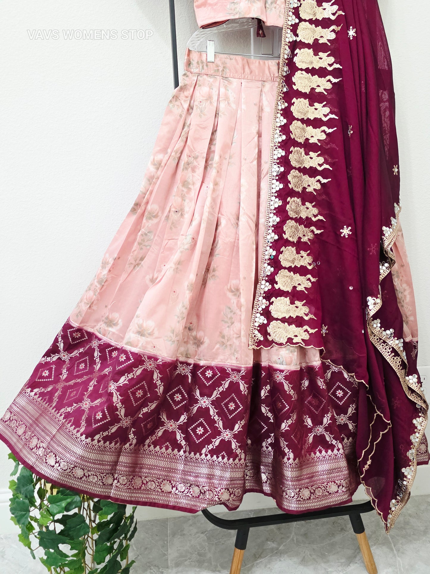 Luxury Blush Peach Pink & Royal Wine Burgundy Floral Print Blended Benarasi Silk Lehenga Set with Silver Zari Brocade Border, Dancing Girls Embroidered Chiffon Dupatta & Stitched Blouse | Size 36–42