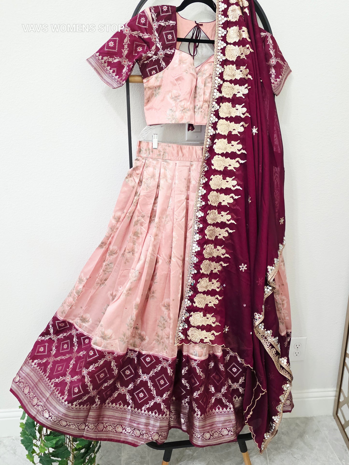Luxury Blush Peach Pink & Royal Wine Burgundy Floral Print Blended Benarasi Silk Lehenga Set with Silver Zari Brocade Border, Dancing Girls Embroidered Chiffon Dupatta & Stitched Blouse | Size 36–42