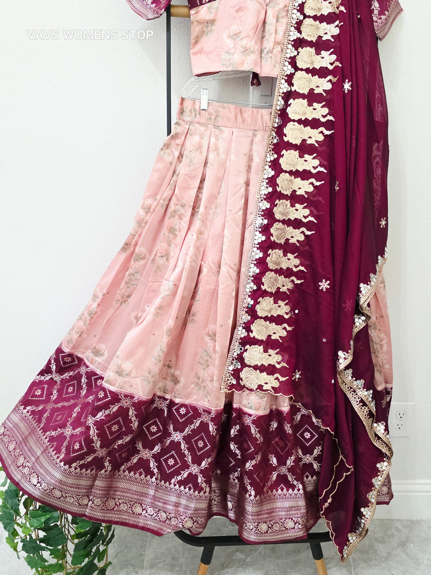 Luxury Blush Peach Pink & Royal Wine Burgundy Floral Print Blended Benarasi Silk Lehenga Set with Silver Zari Brocade Border, Dancing Girls Embroidered Chiffon Dupatta & Stitched Blouse | Size 36–42